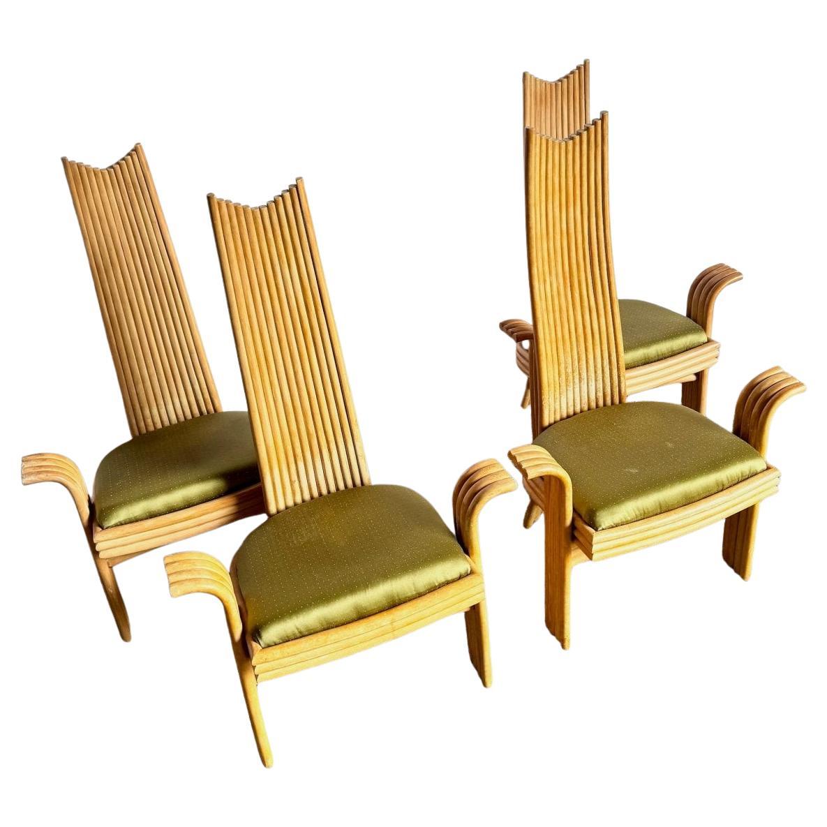 Chaises de salle à manger à haut dossier en rotin sculpté, vintage, boho et côtier - Lot de 4