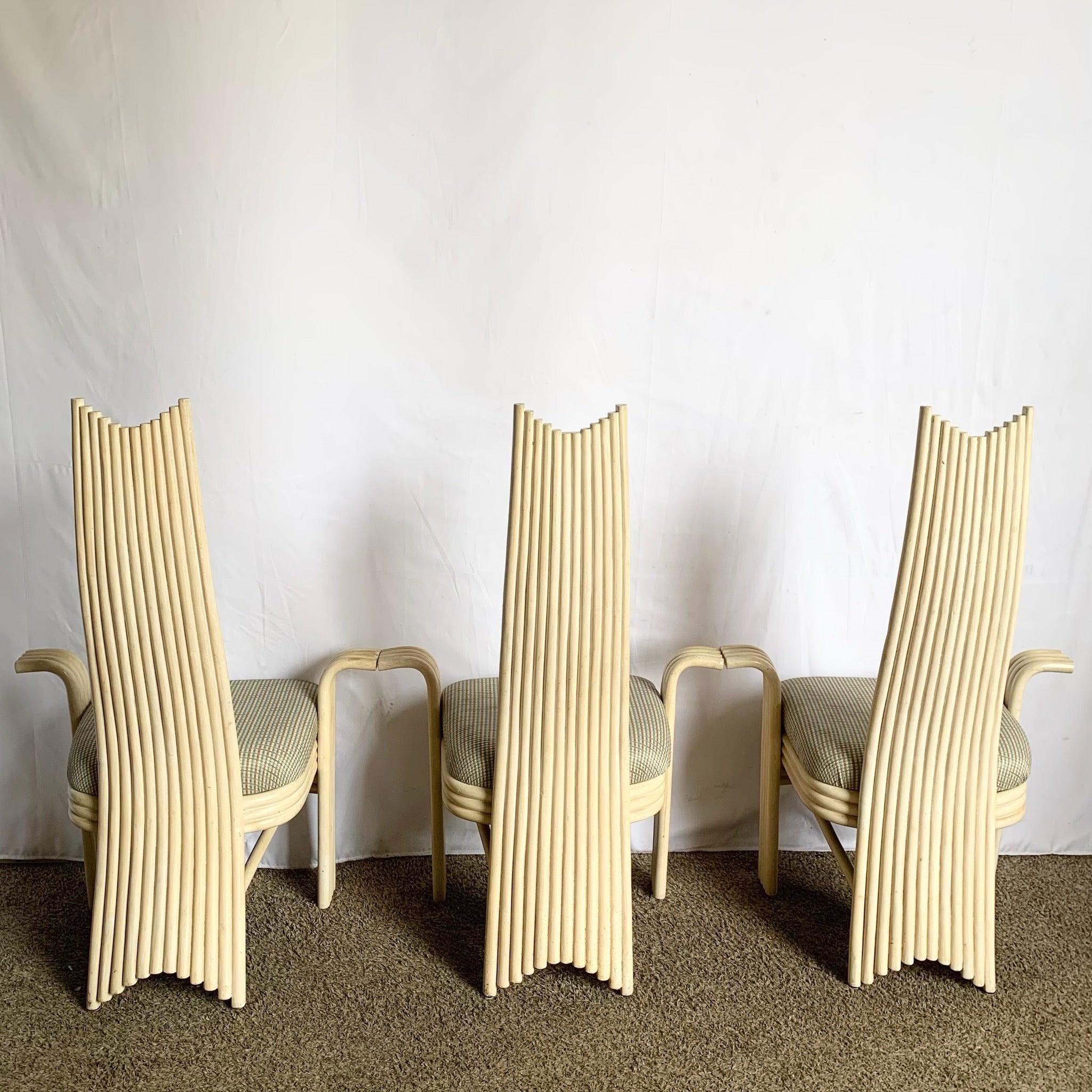 Vintage Boho Coastal Sculpted Rattan High Back Dining Arm Chairs - Set of 8 For Sale 7