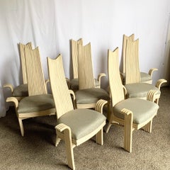 Vintage Boho Coastal Sculpted Rattan High Back Dining Arm Chairs - Set of 8