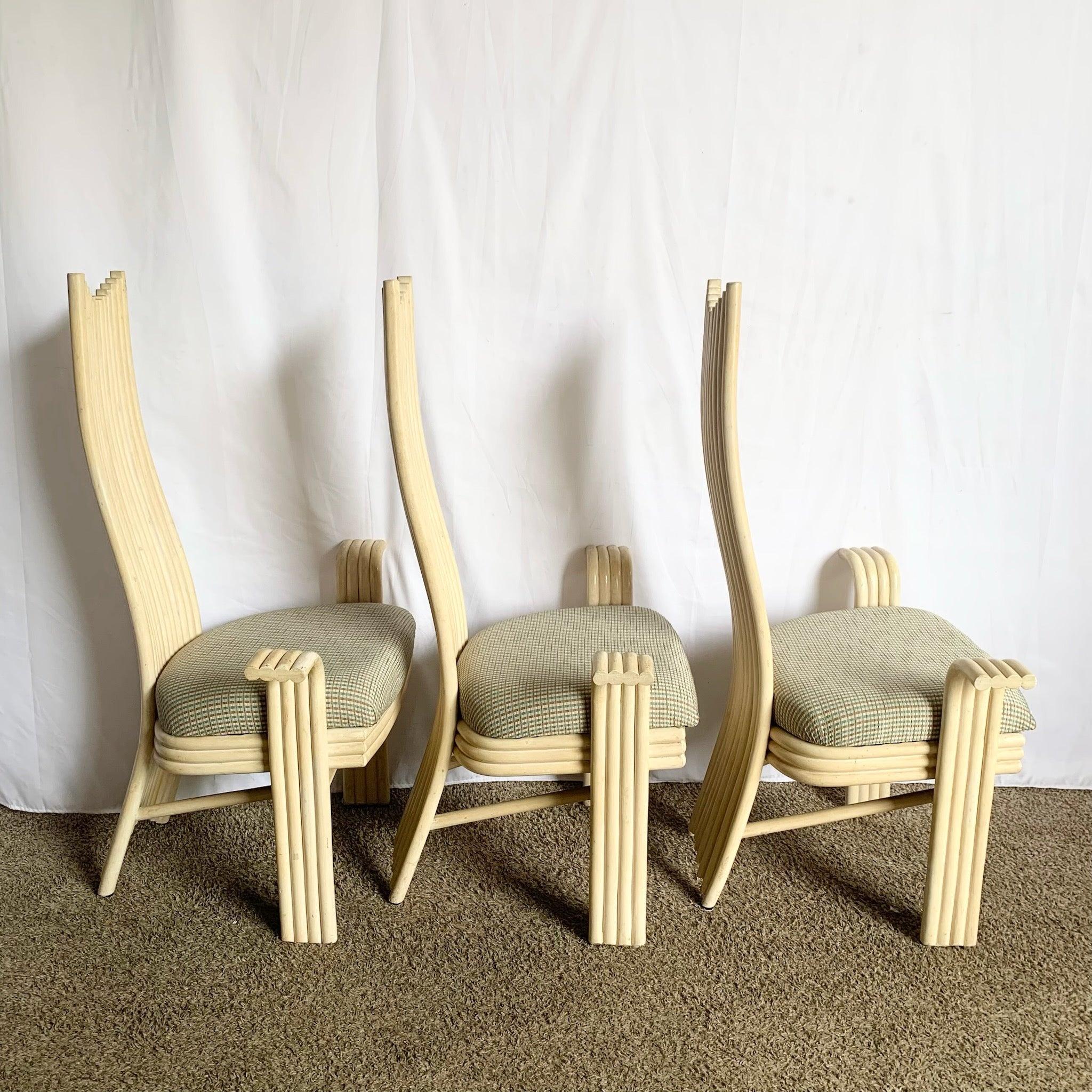 Vintage Boho Coastal Sculpted Rattan High Back Dining Arm Chairs - Set of 8 For Sale 3