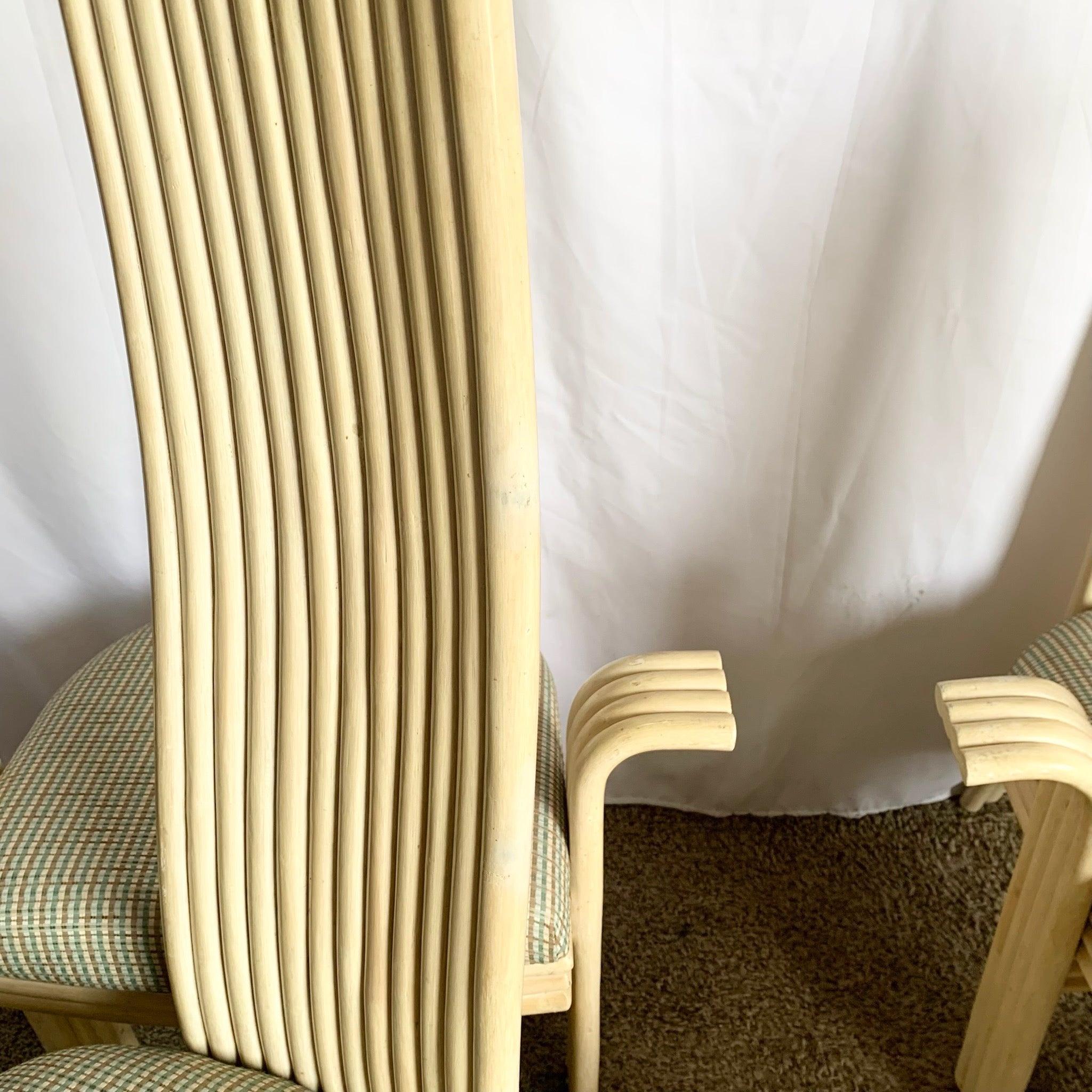 Vintage Boho Coastal Sculpted Rattan High Back Dining Arm Chairs - Set of 8 For Sale 4