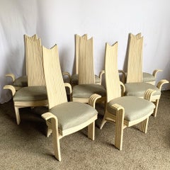Vintage Boho Coastal Sculpted Rattan High Back Dining Arm Chairs - Set of 8
