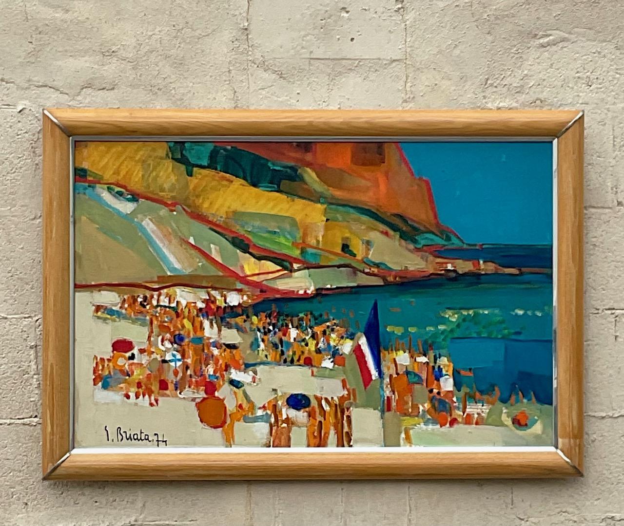 A fabulous vintage Coastal original oil painting on canvas. A chic coastline composition in bright clear colors. Signed and dated by the artist 1974. Acquired from a Palm Beach estate.