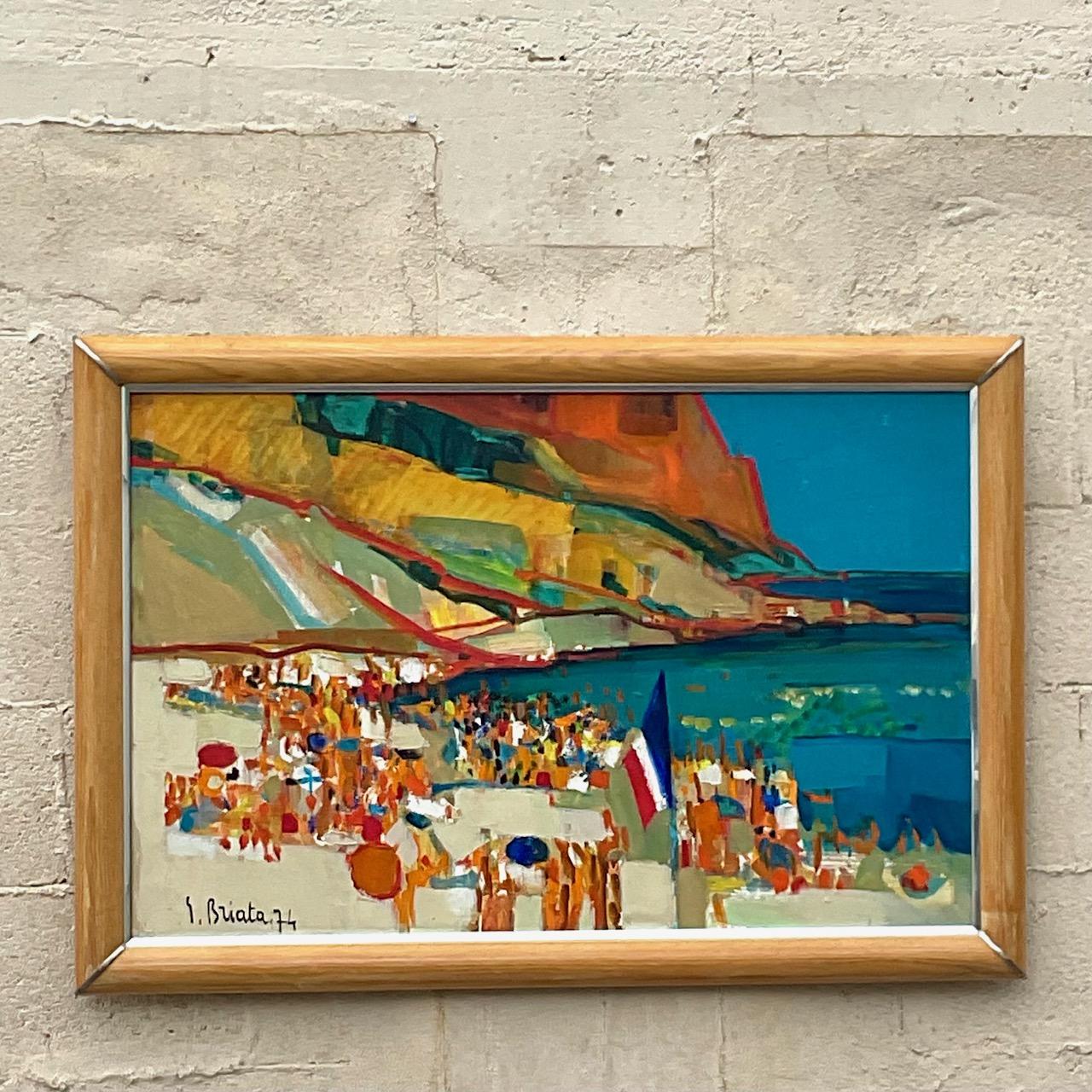 Bohemian Vintage Boho Coastal Signed 1970s Original Oil Painting on Canvas For Sale