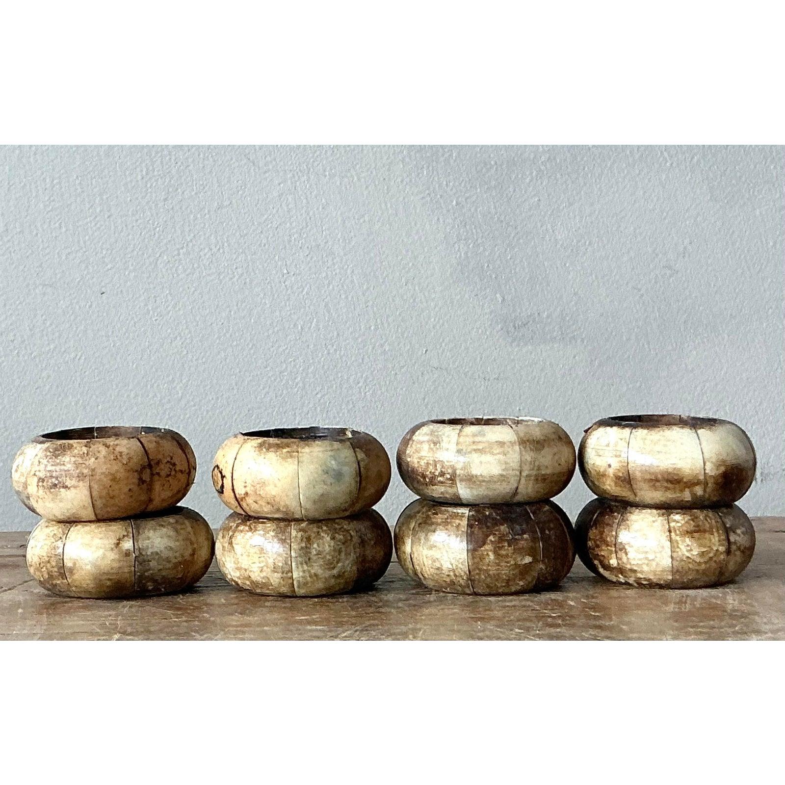 Organic Modern Vintage Boho Coconut Shell Napkin Rings - Set of 8 For Sale