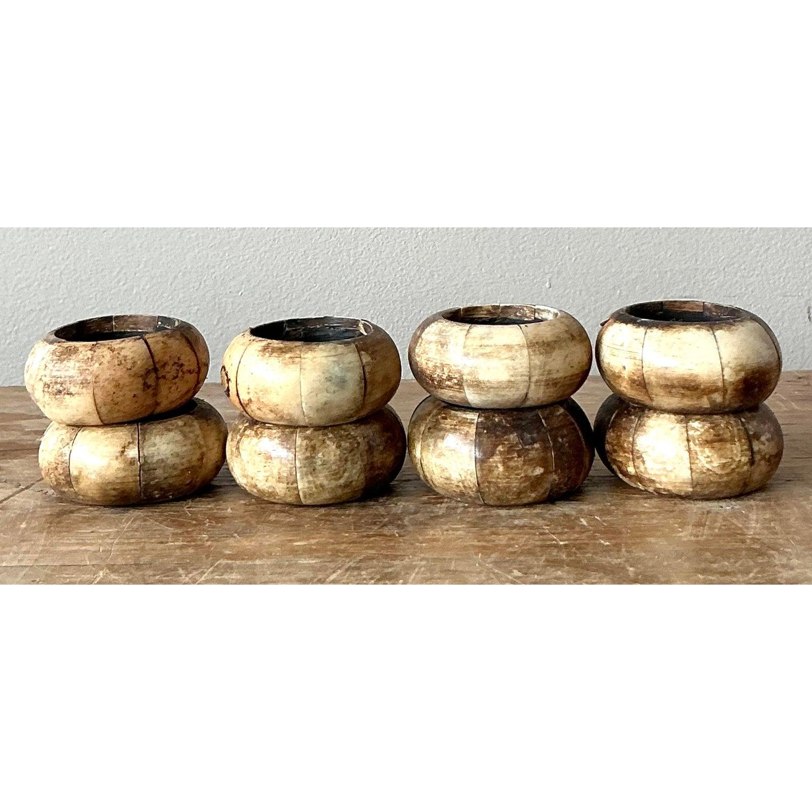 Philippine Vintage Boho Coconut Shell Napkin Rings - Set of 8 For Sale