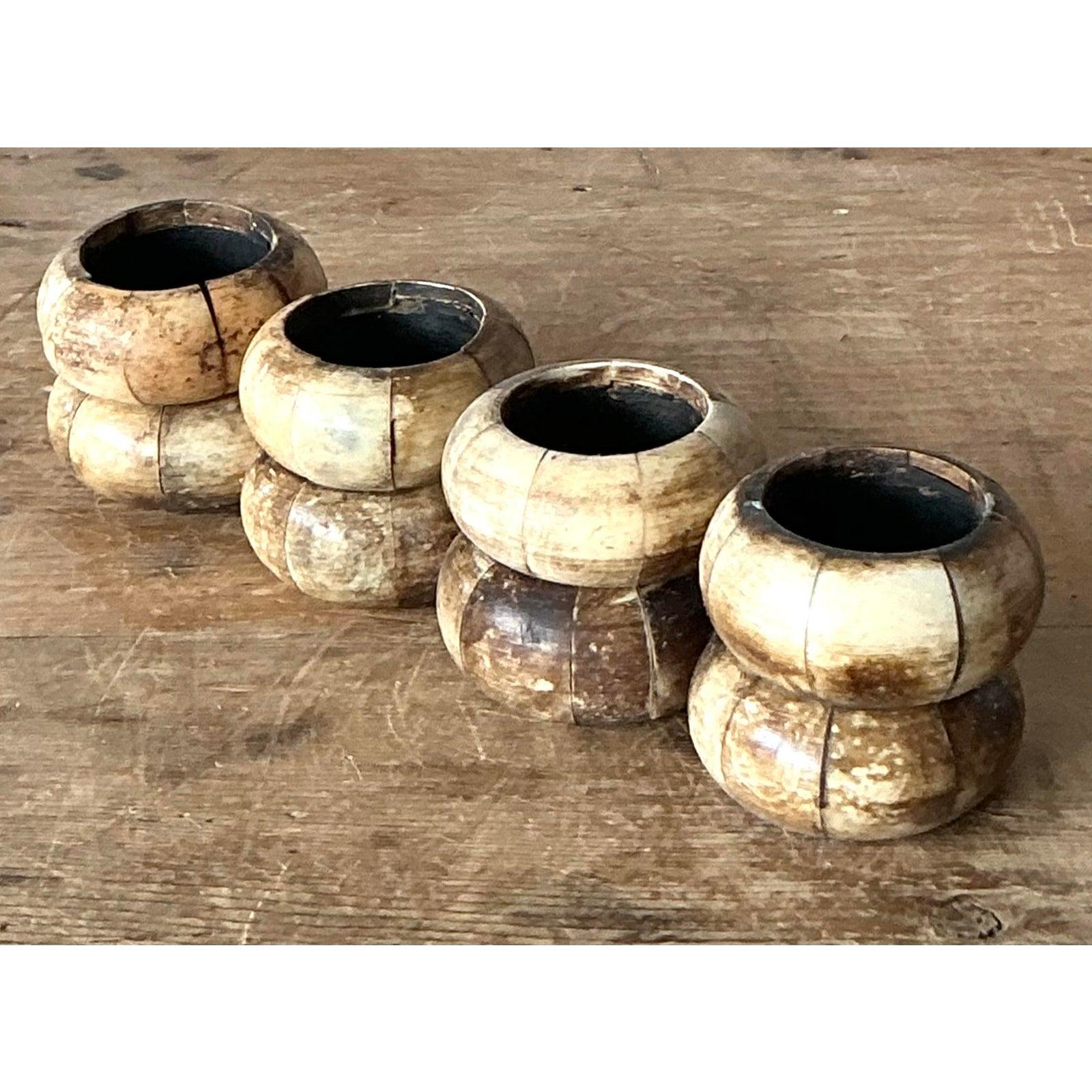 Vintage Boho Coconut Shell Napkin Rings - Set of 8 In Good Condition For Sale In West Palm Beach, FL