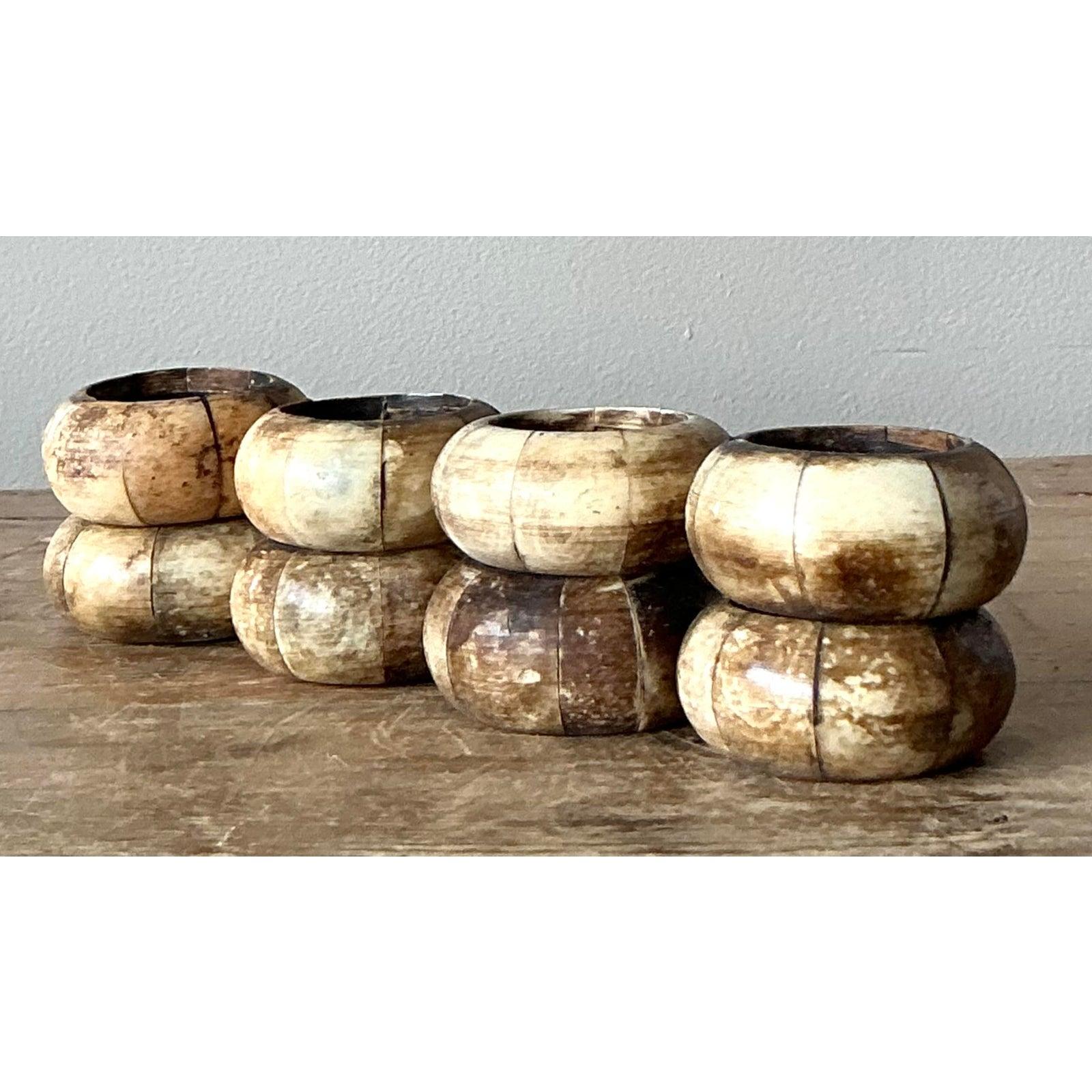 Vintage Boho Coconut Shell Napkin Rings - Set of 8 For Sale 1