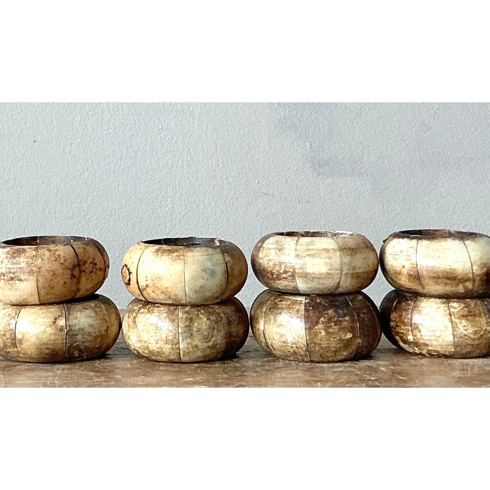 Vintage Boho Coconut Shell Napkin Rings - Set of 8 For Sale 2