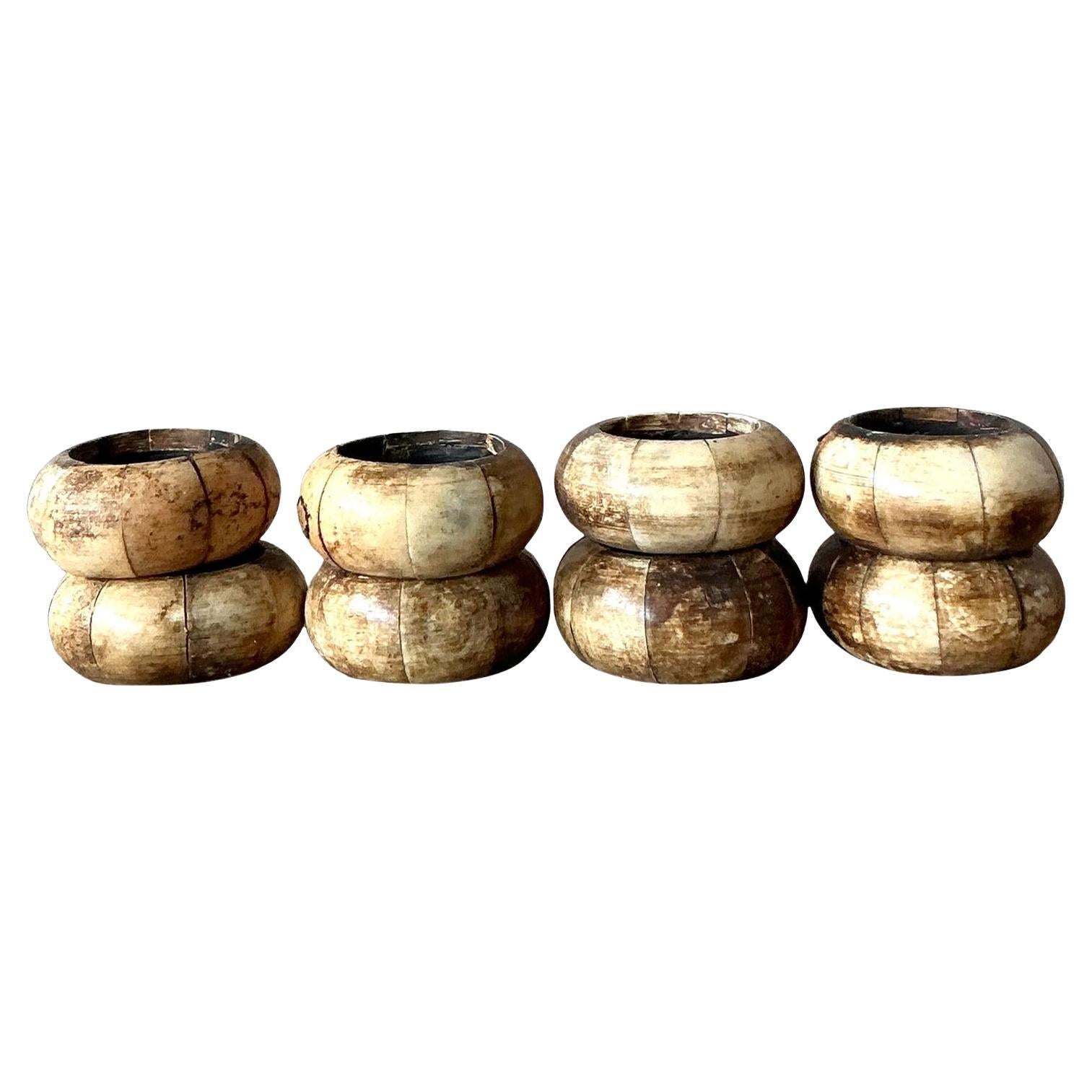 Vintage Boho Coconut Shell Napkin Rings - Set of 8 For Sale