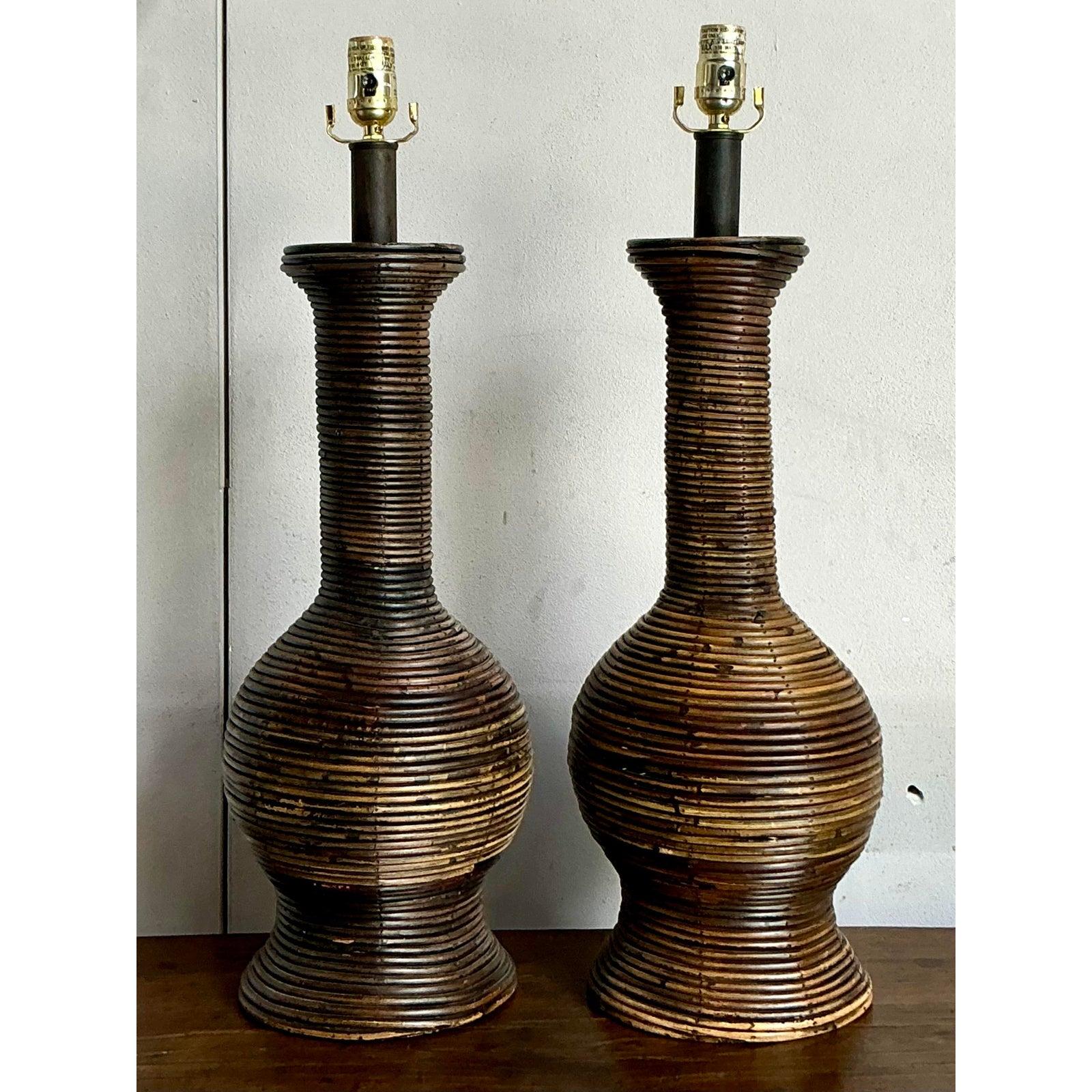 Lámparas de carrizo en forma de lápiz vintage boho - Un par Moderno orgánico en venta