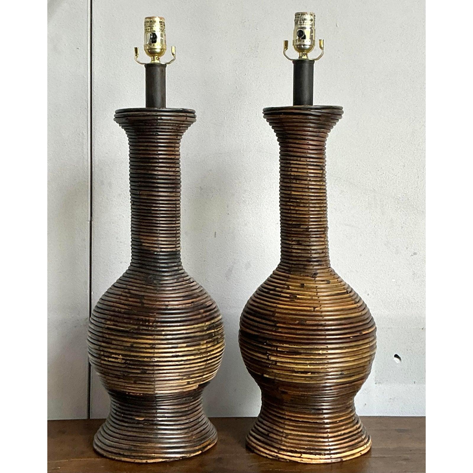 Lámparas de carrizo en forma de lápiz vintage boho - Un par siglo XX en venta