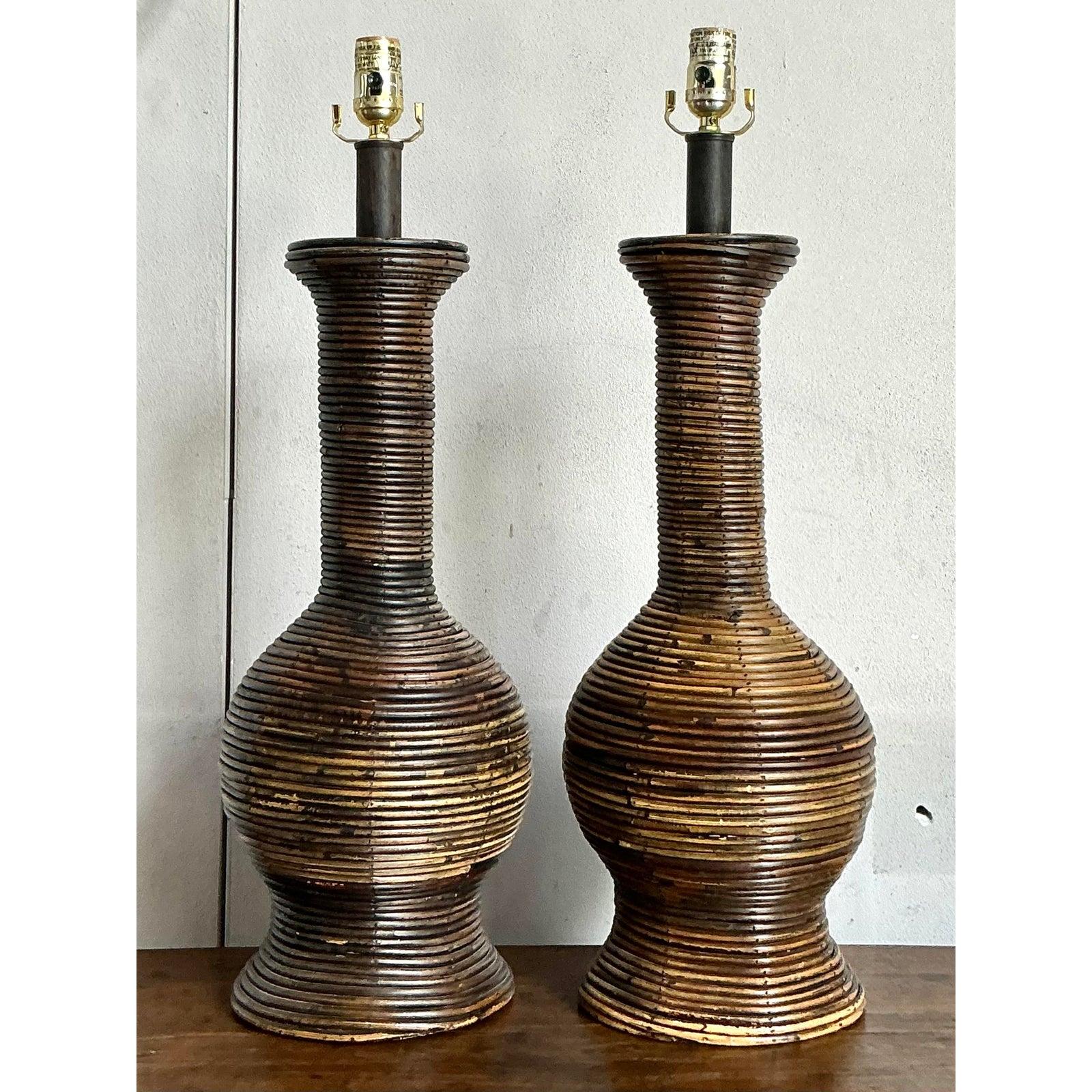 Lámparas de carrizo en forma de lápiz vintage boho - Un par Ratán en venta