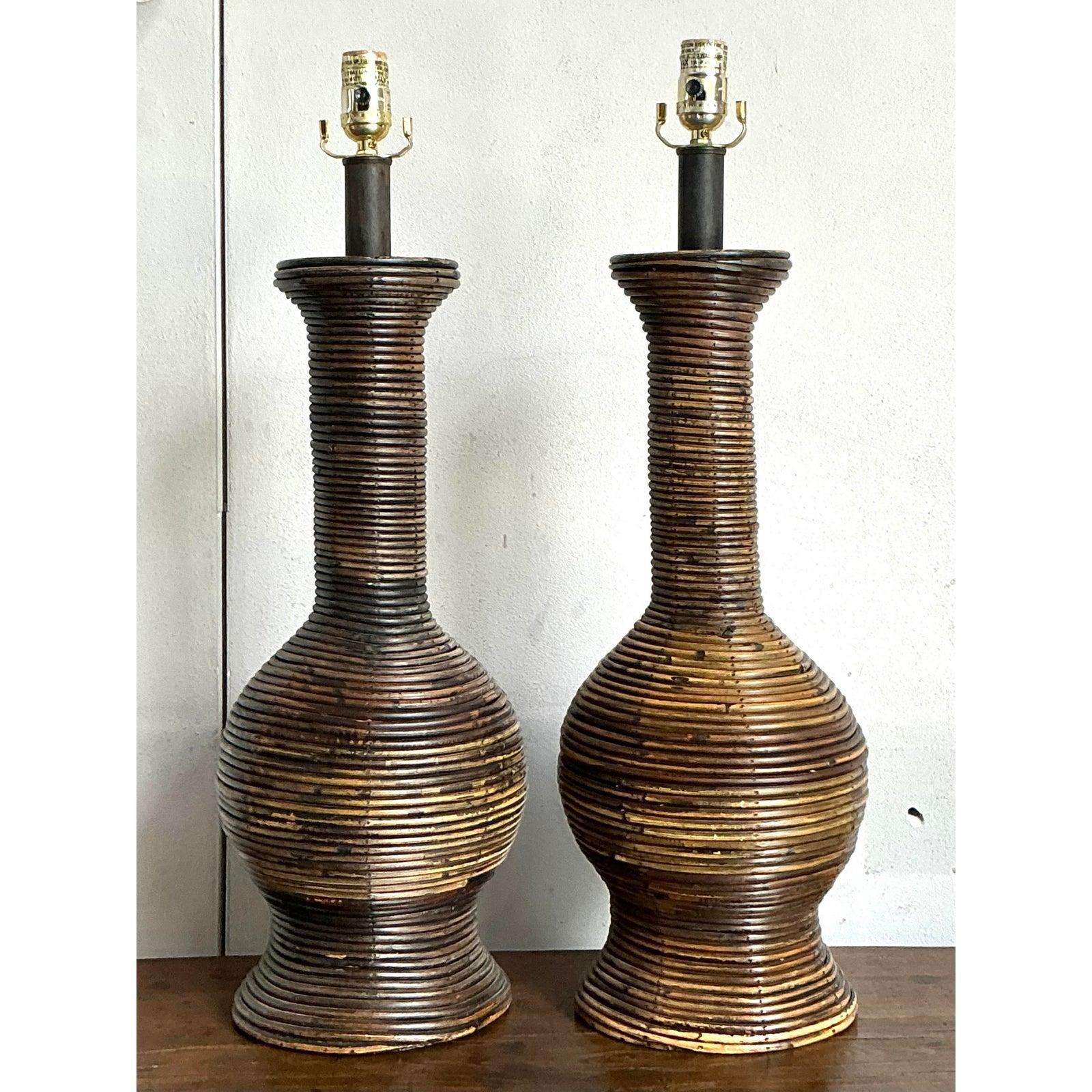 Lámparas de carrizo en forma de lápiz vintage boho - Un par en venta 1