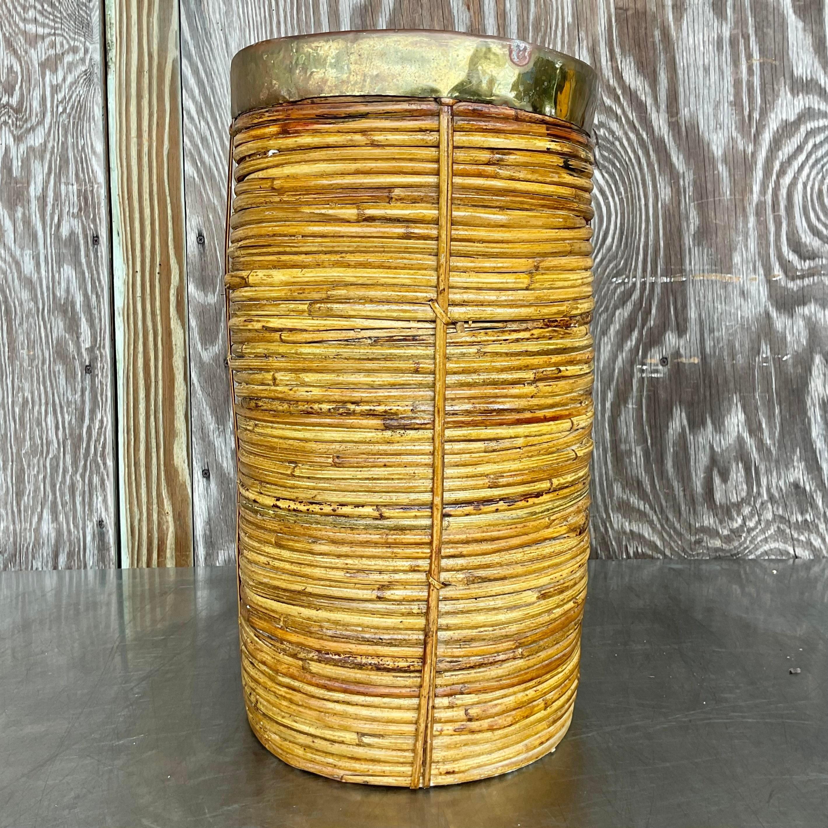 Vintage Boho Coiled Pencil Reed Umbrella Stand In Good Condition For Sale In west palm beach, FL