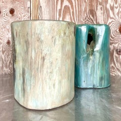 Vintage Boho Color Washed Wood Low Stools - Set of Two