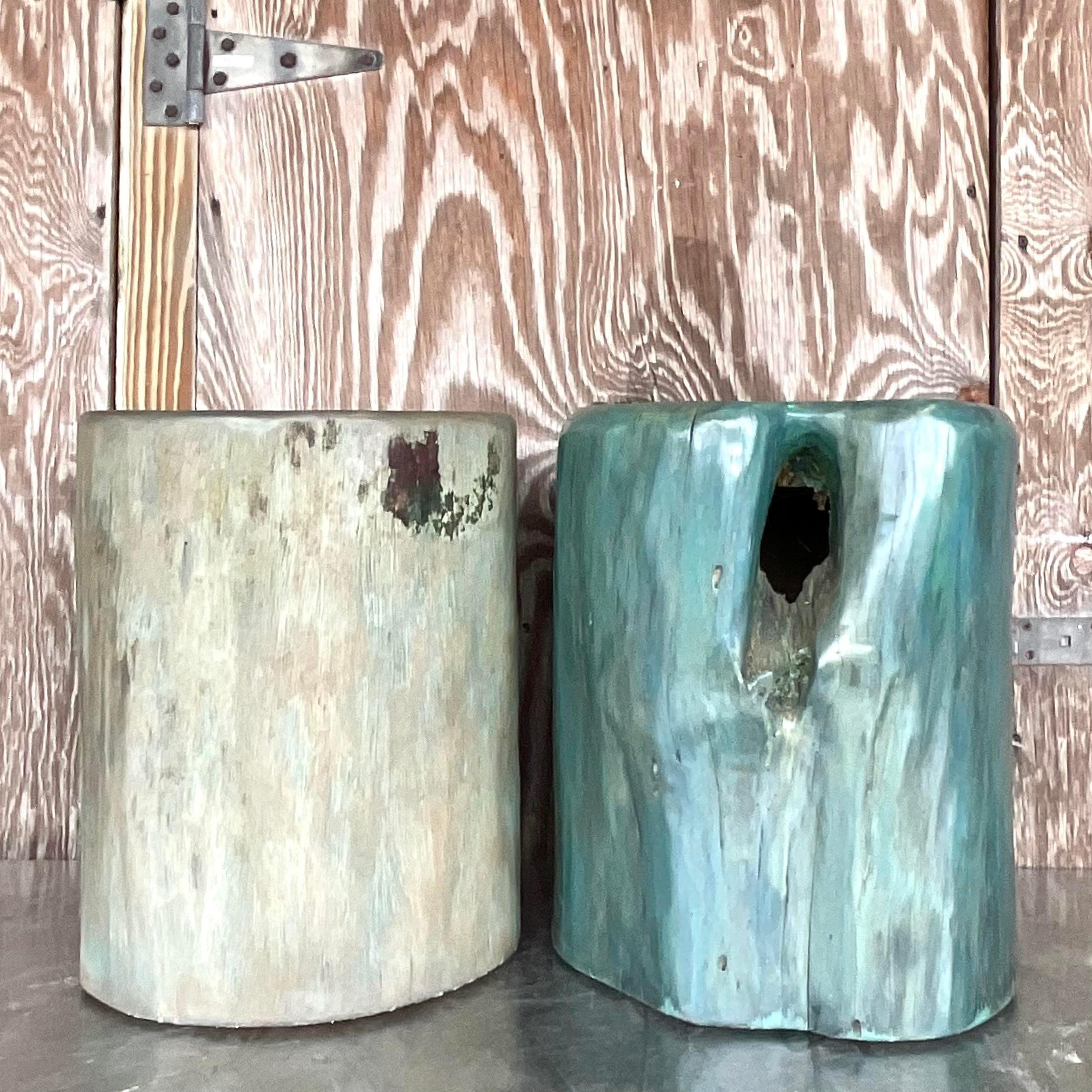 Vintage Boho Color Washed Wood Low Stools - Set of Two In Good Condition For Sale In west palm beach, FL