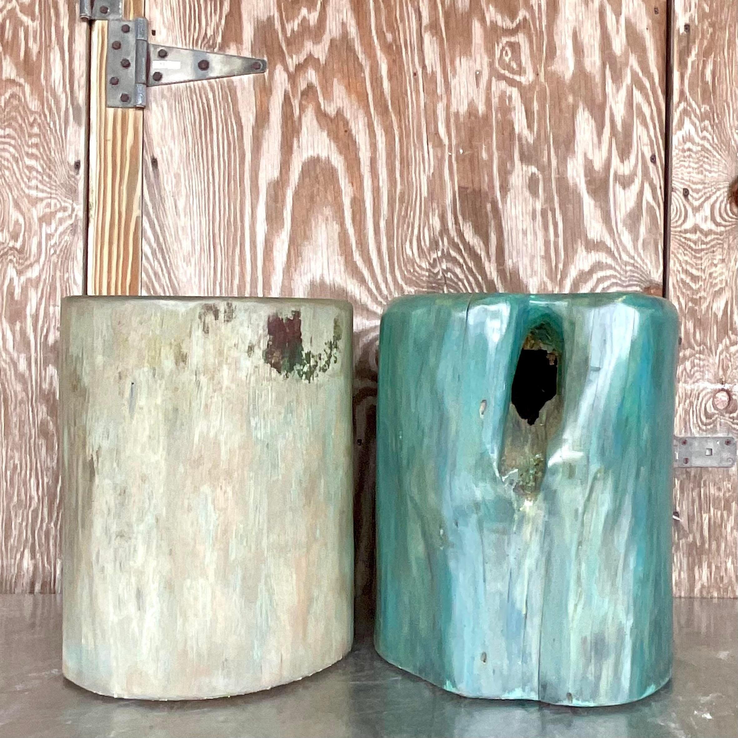 Vintage Boho Color Washed Wood Low Stools - Set of Two For Sale 1