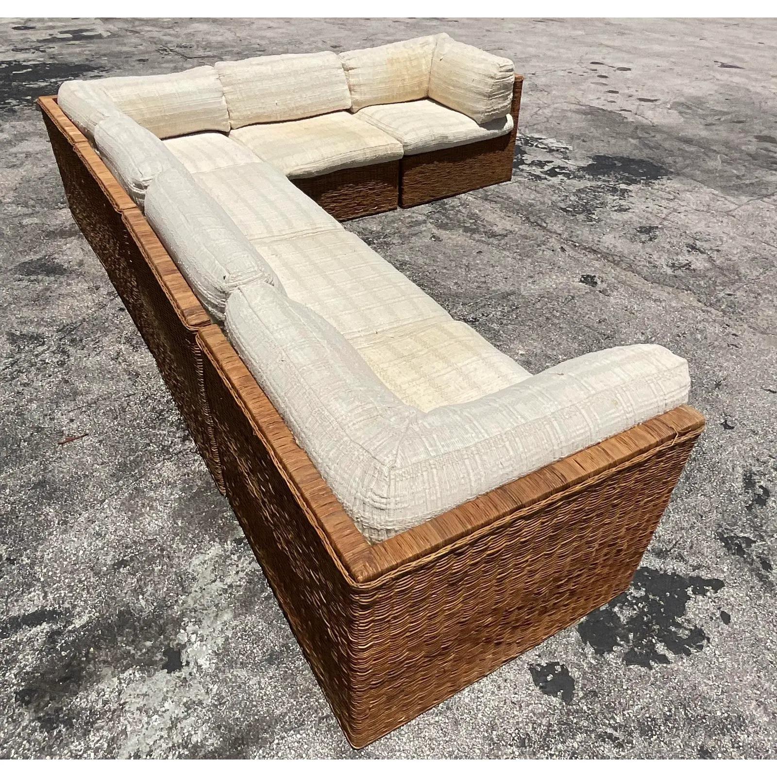 North American Vintage Boho Comfort Designs Woven Rattan Sectional Sofa