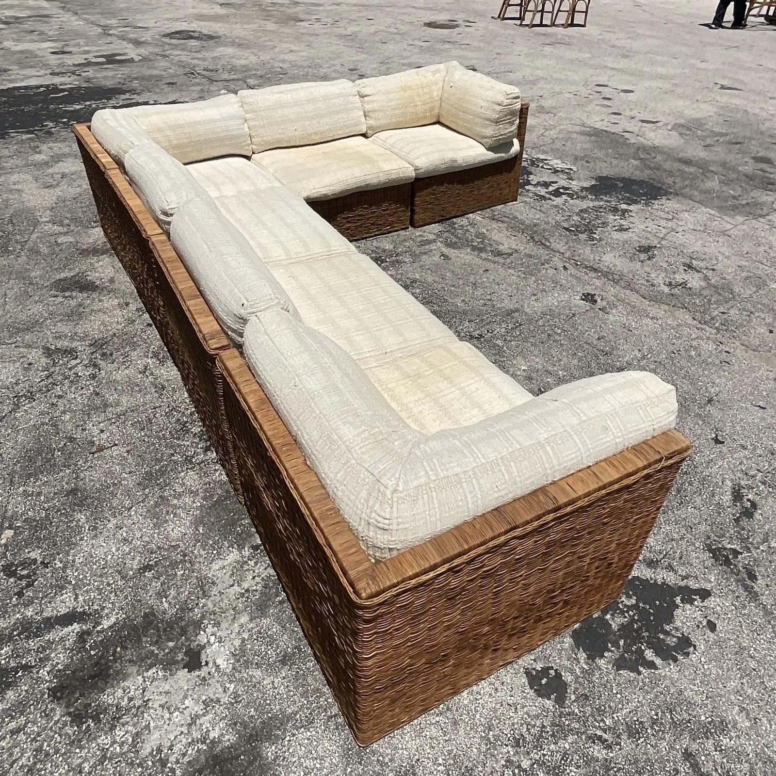 Vintage Boho Comfort Designs Woven Rattan Sectional Sofa In Good Condition In west palm beach, FL