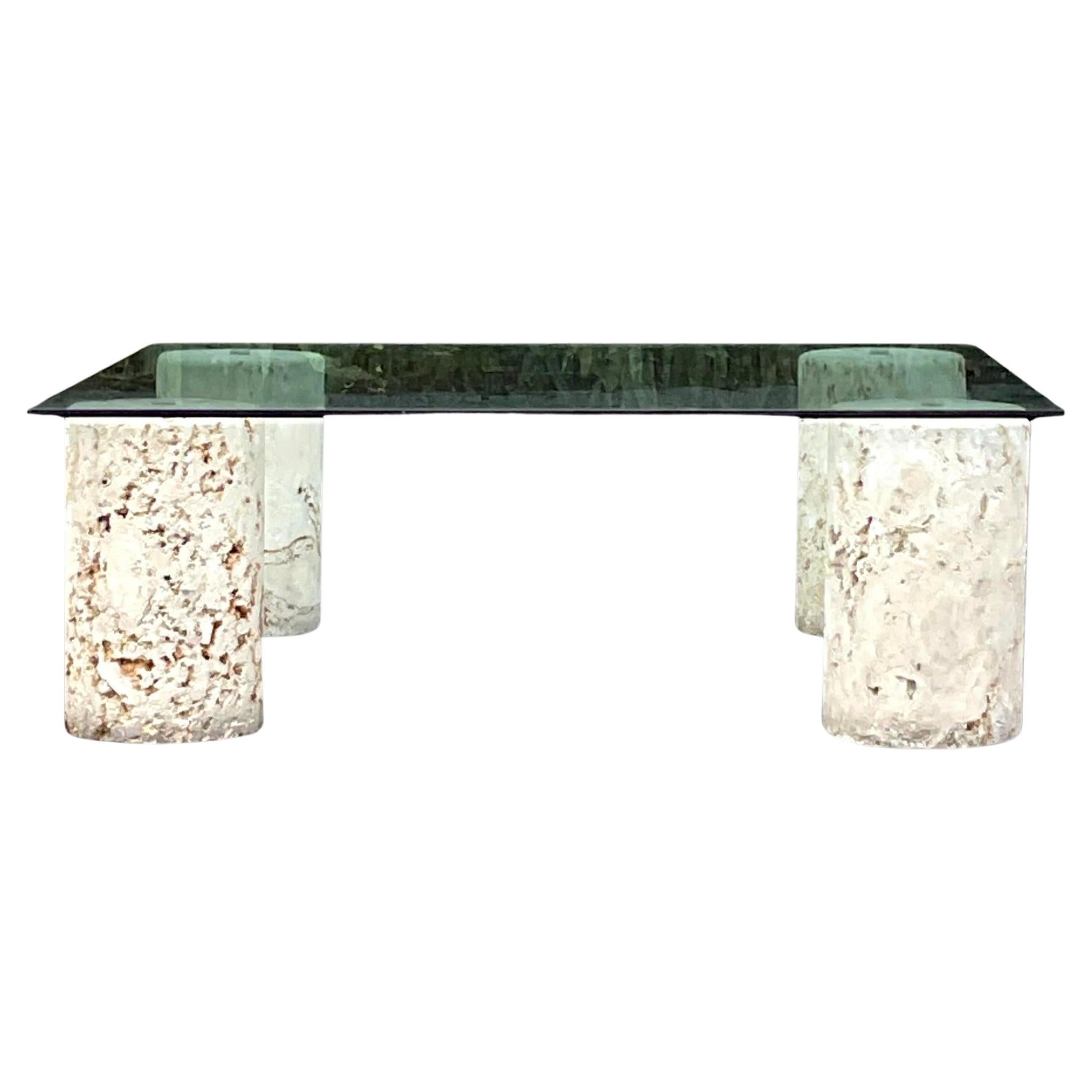 Boho Coquina Couchtisch mit Steinzylinder-Couchtisch, Vintage