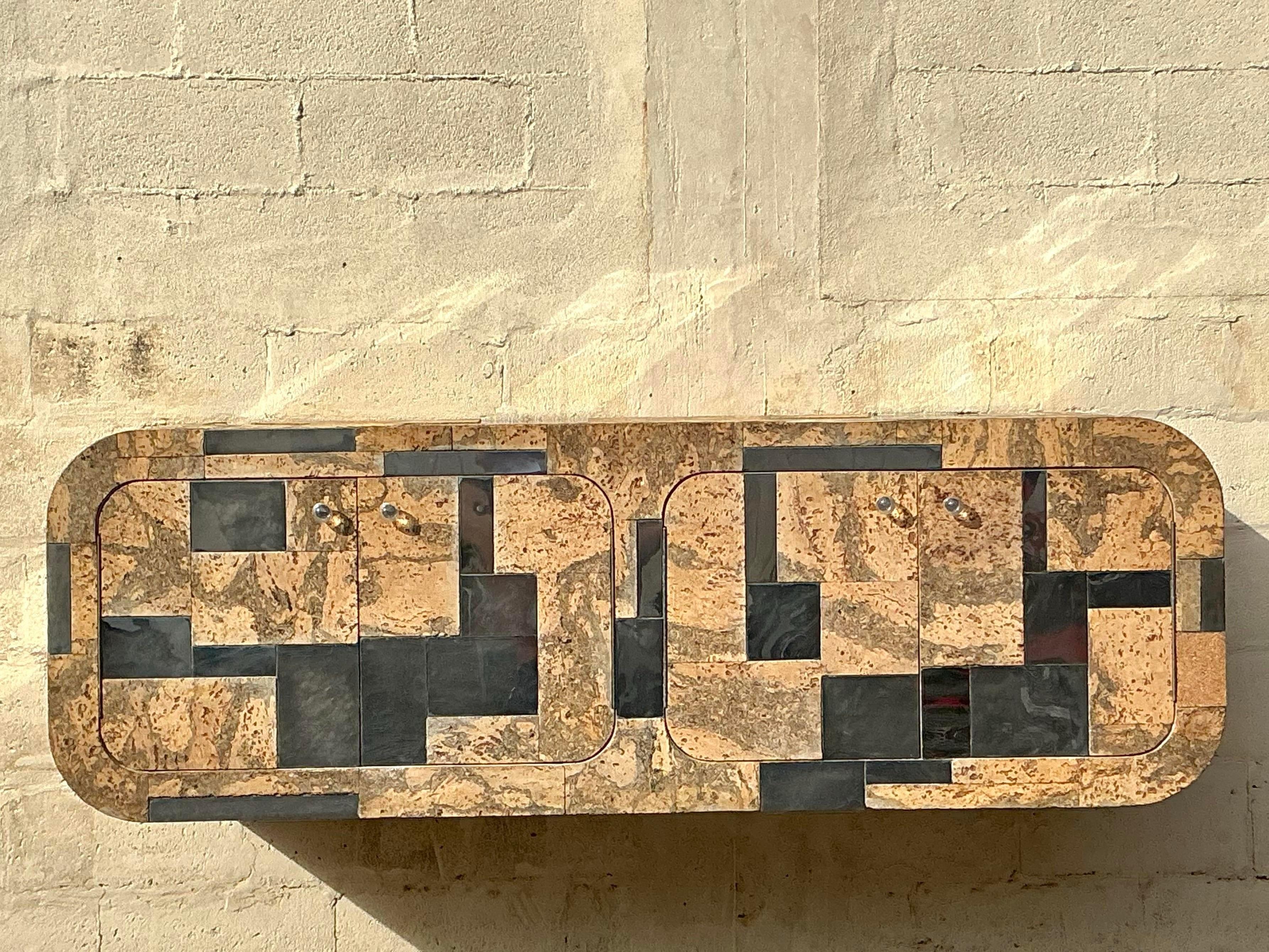 Vintage Boho Cork and Chrome Floating Wall Credenza After Paul Evans For Sale 4