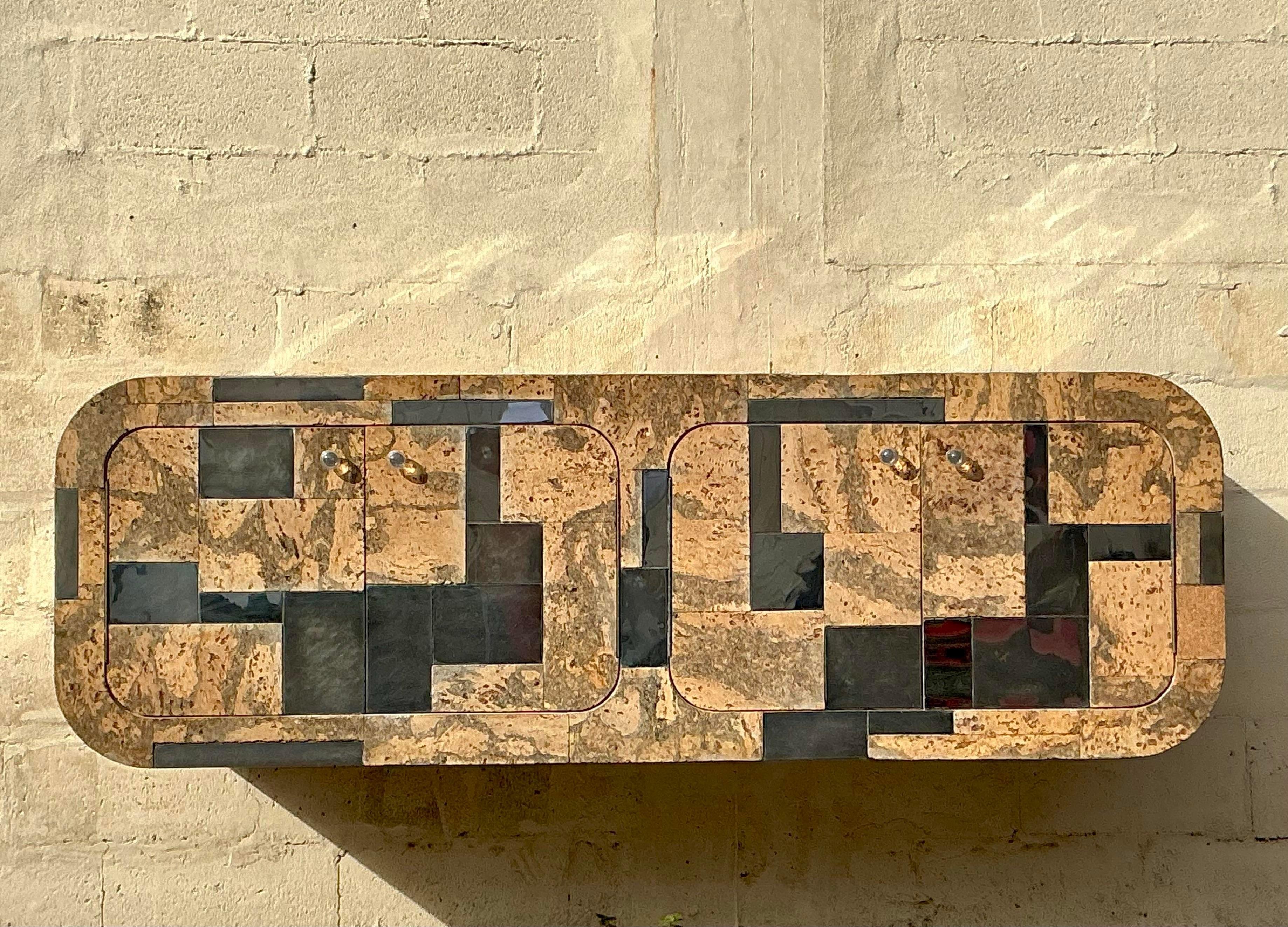 Vintage Boho Cork and Chrome Floating Wall Credenza After Paul Evans For Sale 5