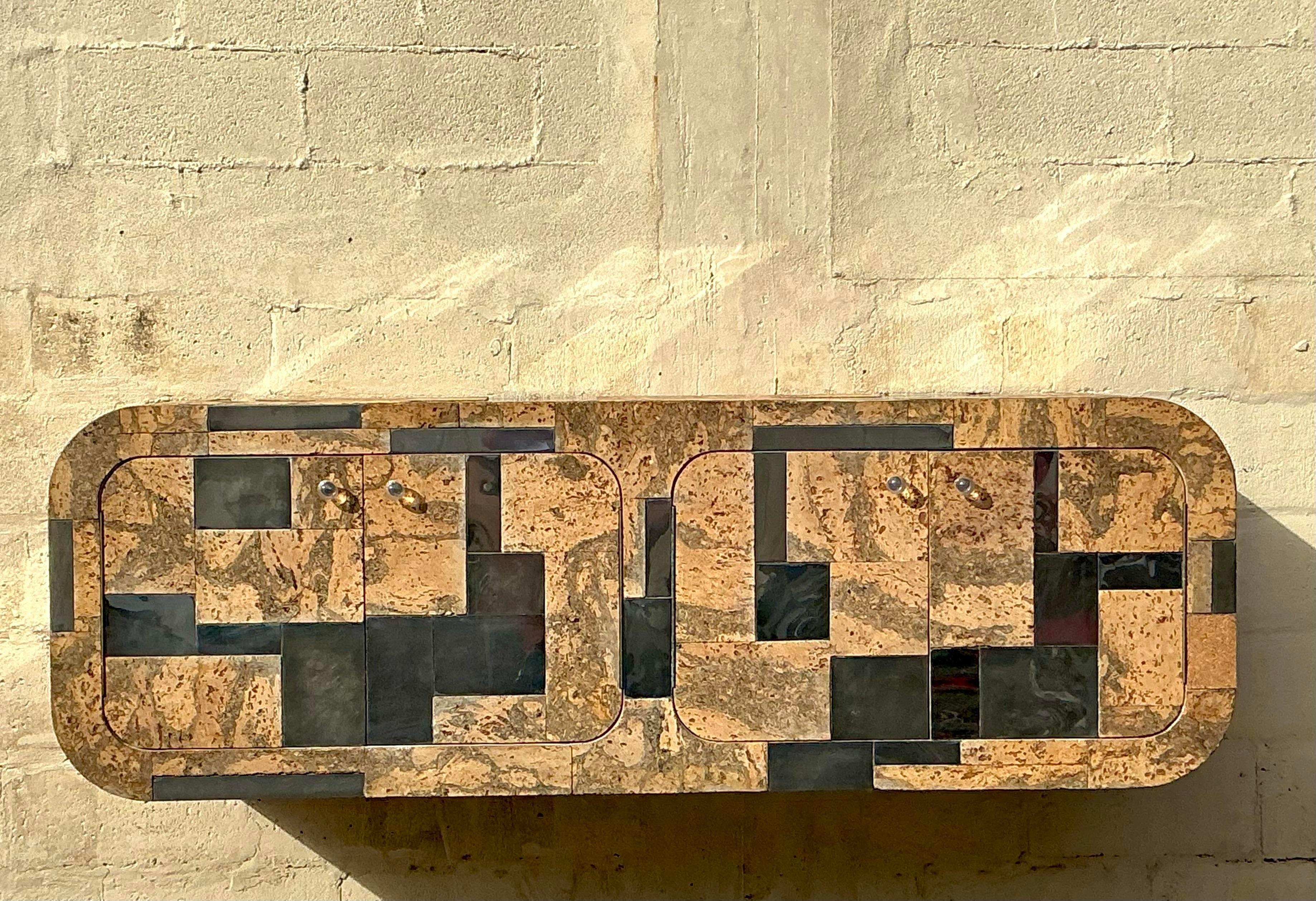 Vintage Boho Cork and Chrome Floating Wall Credenza After Paul Evans For Sale 6