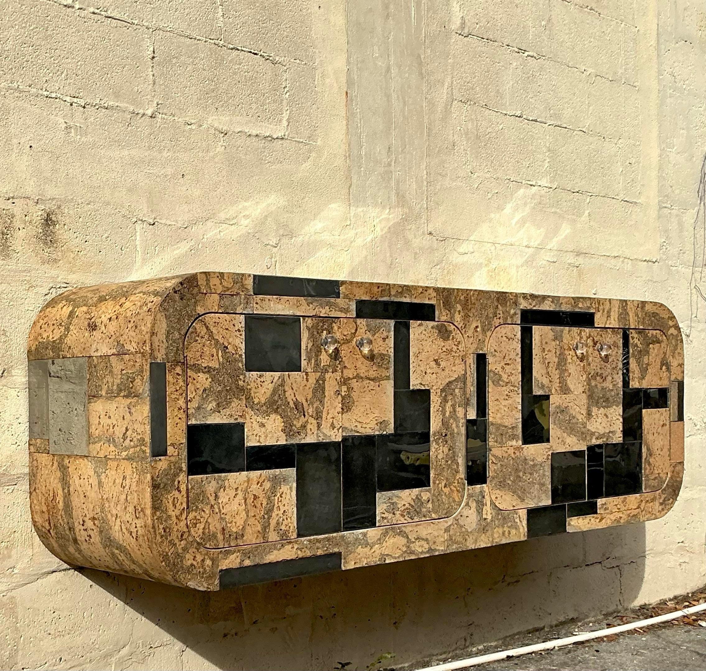Mid-Century Modern Vintage Boho Cork and Chrome Floating Wall Credenza After Paul Evans For Sale