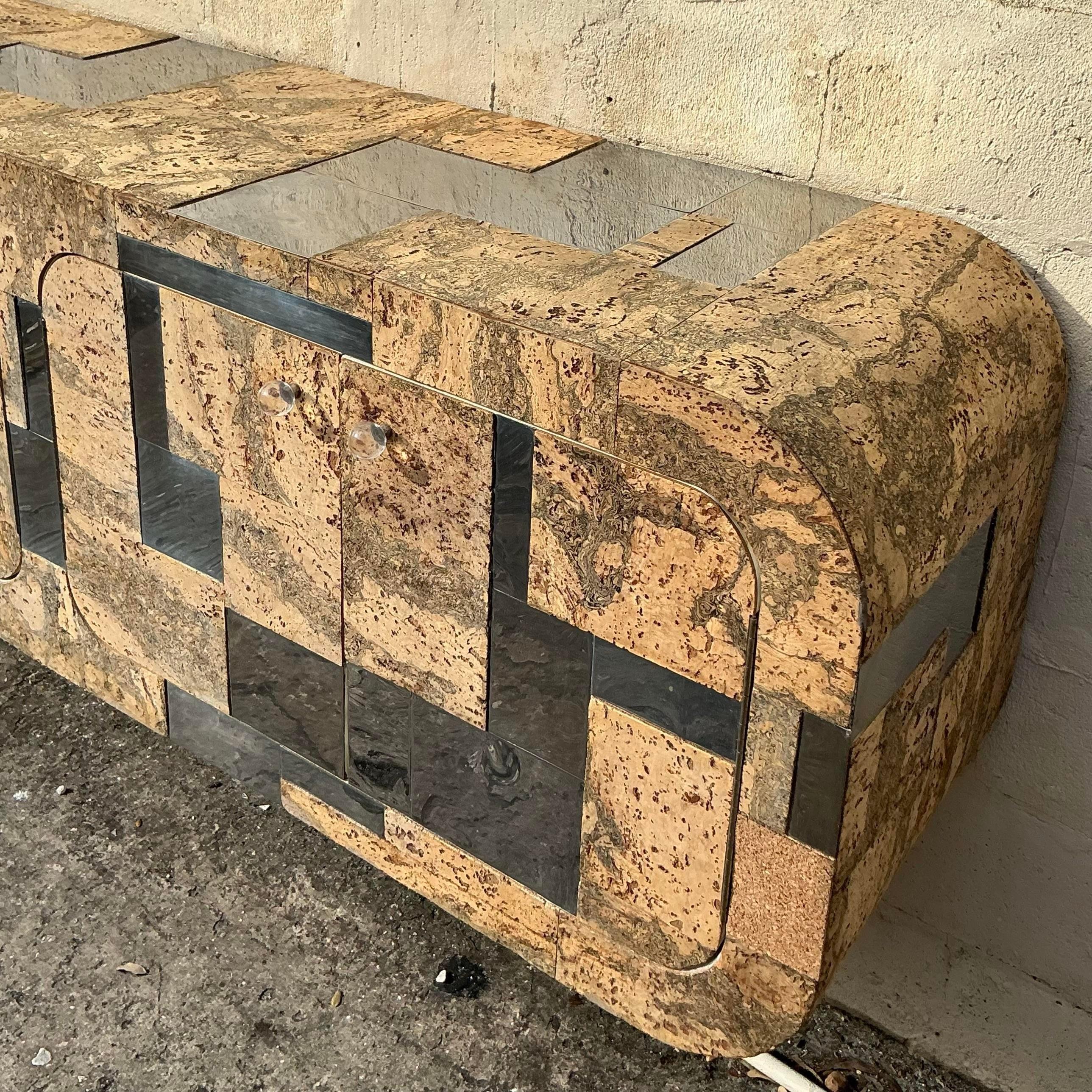 Vintage Boho Cork and Chrome Floating Wall Credenza After Paul Evans In Good Condition For Sale In West Palm Beach, FL