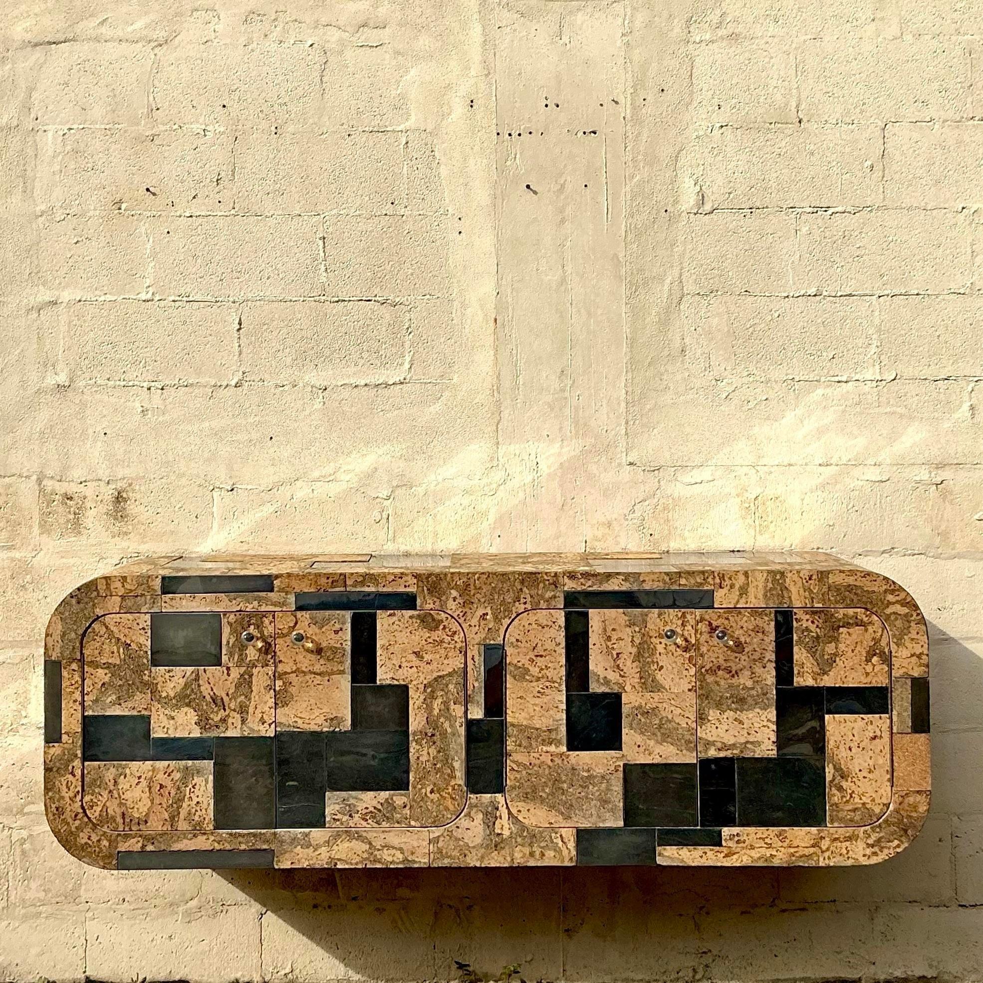 20th Century Vintage Boho Cork and Chrome Floating Wall Credenza After Paul Evans For Sale