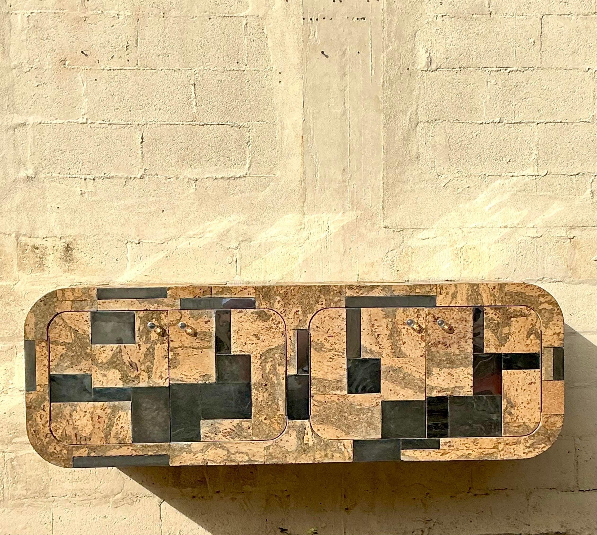 Vintage Boho Cork and Chrome Floating Wall Credenza After Paul Evans For Sale 1