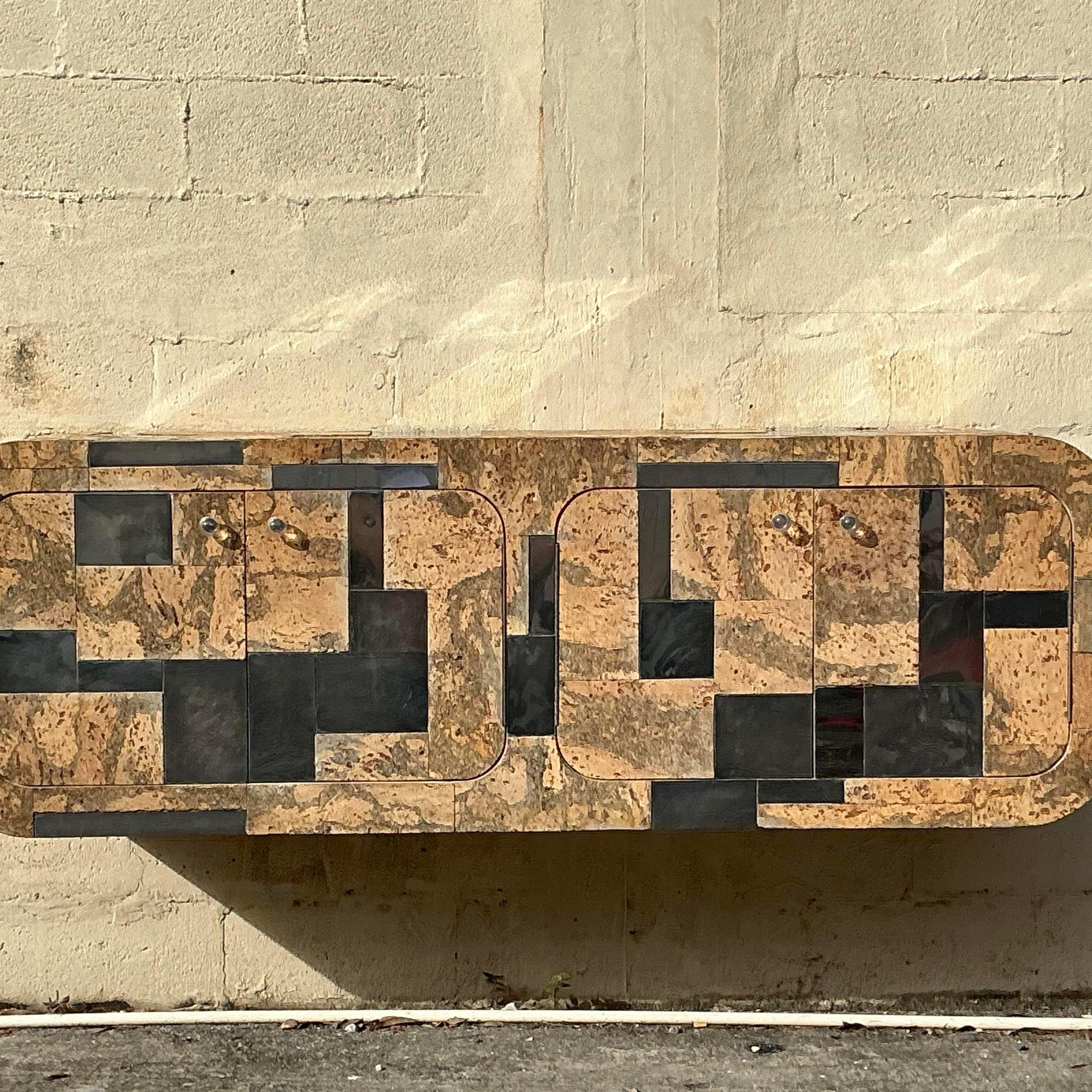 Vintage Boho Cork and Chrome Floating Wall Credenza After Paul Evans For Sale 2