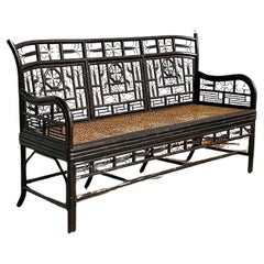 Vintage Boho Cottage and Bungalow Ebony Rattan and Cane Bahamian Triple Settee