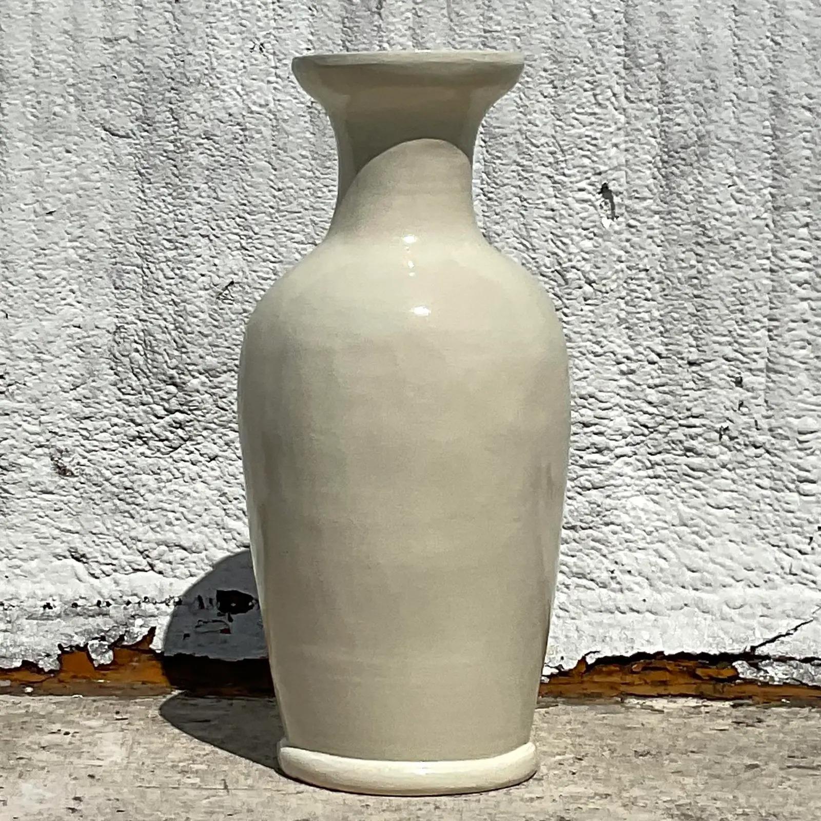 North American Vintage Boho Crackle Glaze Ceramic Floor Vase For Sale