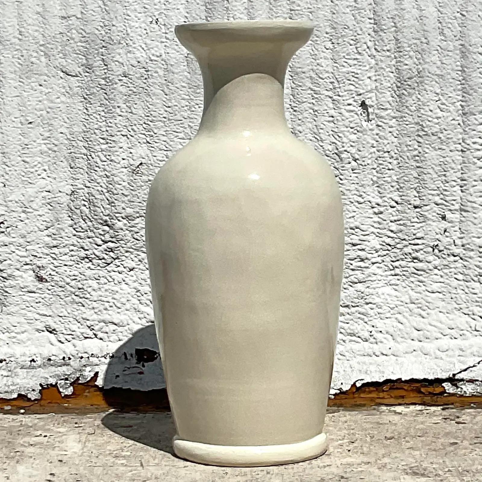 Vintage Boho Crackle Glaze Ceramic Floor Vase In Good Condition For Sale In west palm beach, FL