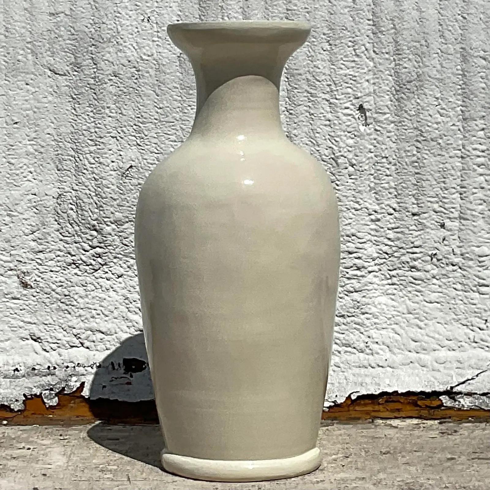 Vintage Boho Crackle Glaze Ceramic Floor Vase For Sale 1