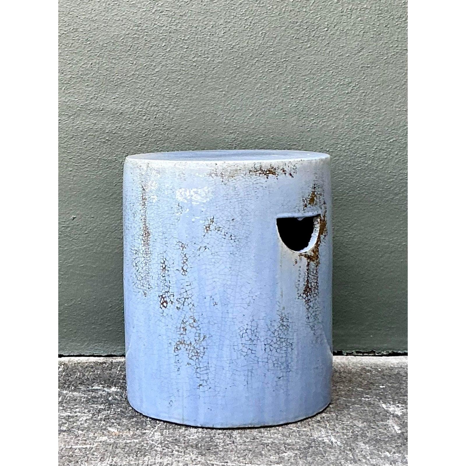 20ième siècle Vintage Boho Crackle Glaze Low Stool en vente