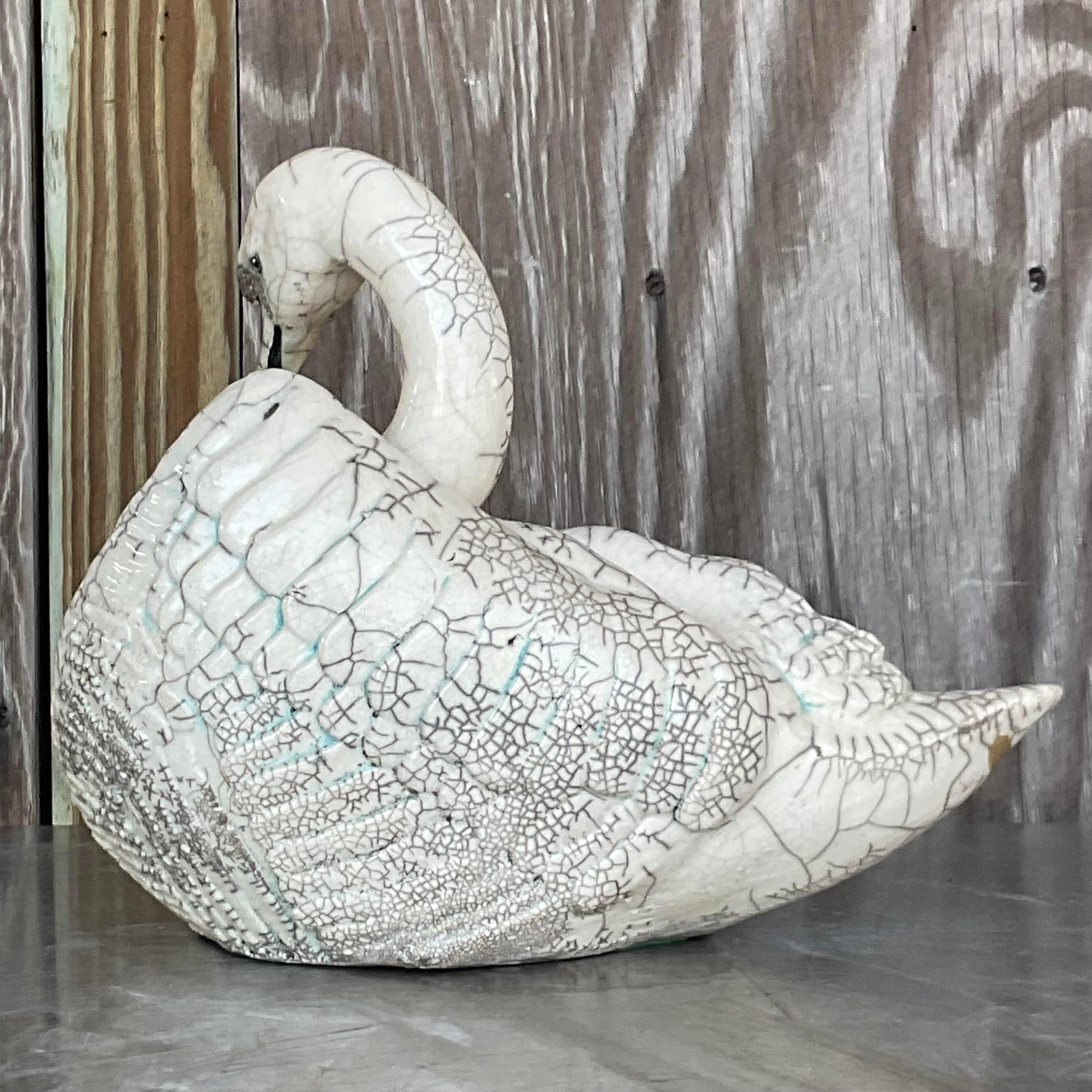20ième siècle Vintage Boho Crackle Glazed Ceramic Swan en vente