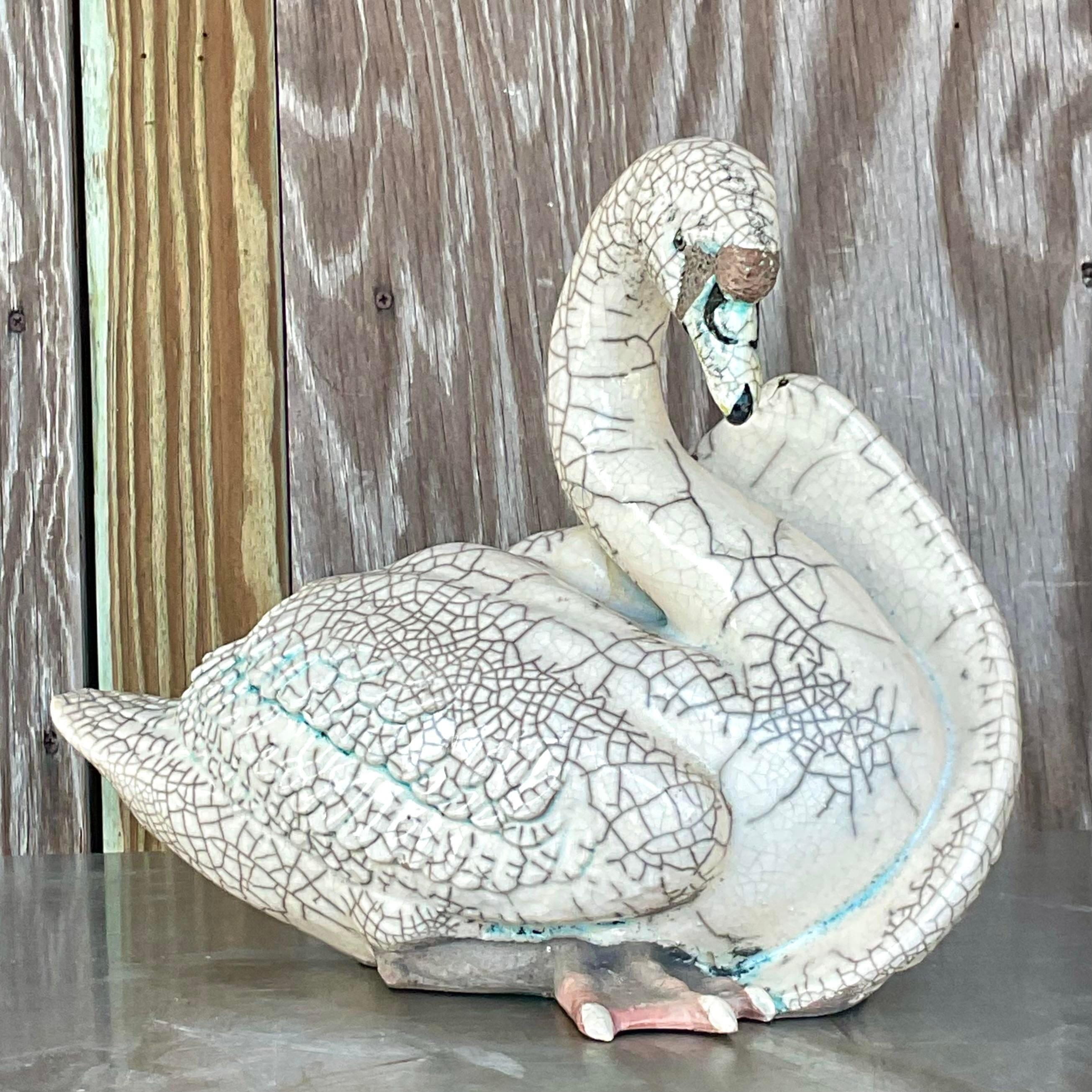 Céramique Vintage Boho Crackle Glazed Ceramic Swan en vente