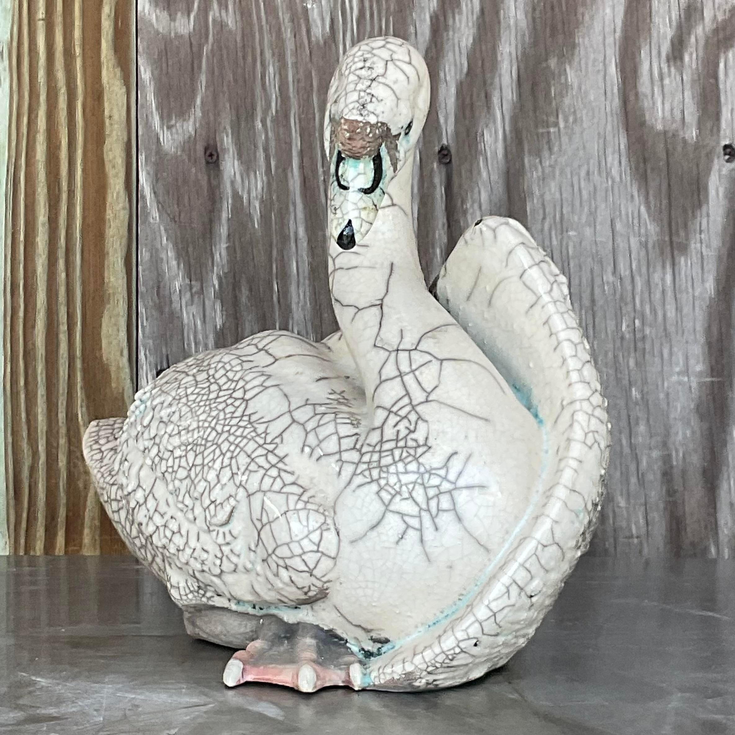 Vintage Boho Crackle Glazed Ceramic Swan en vente 2