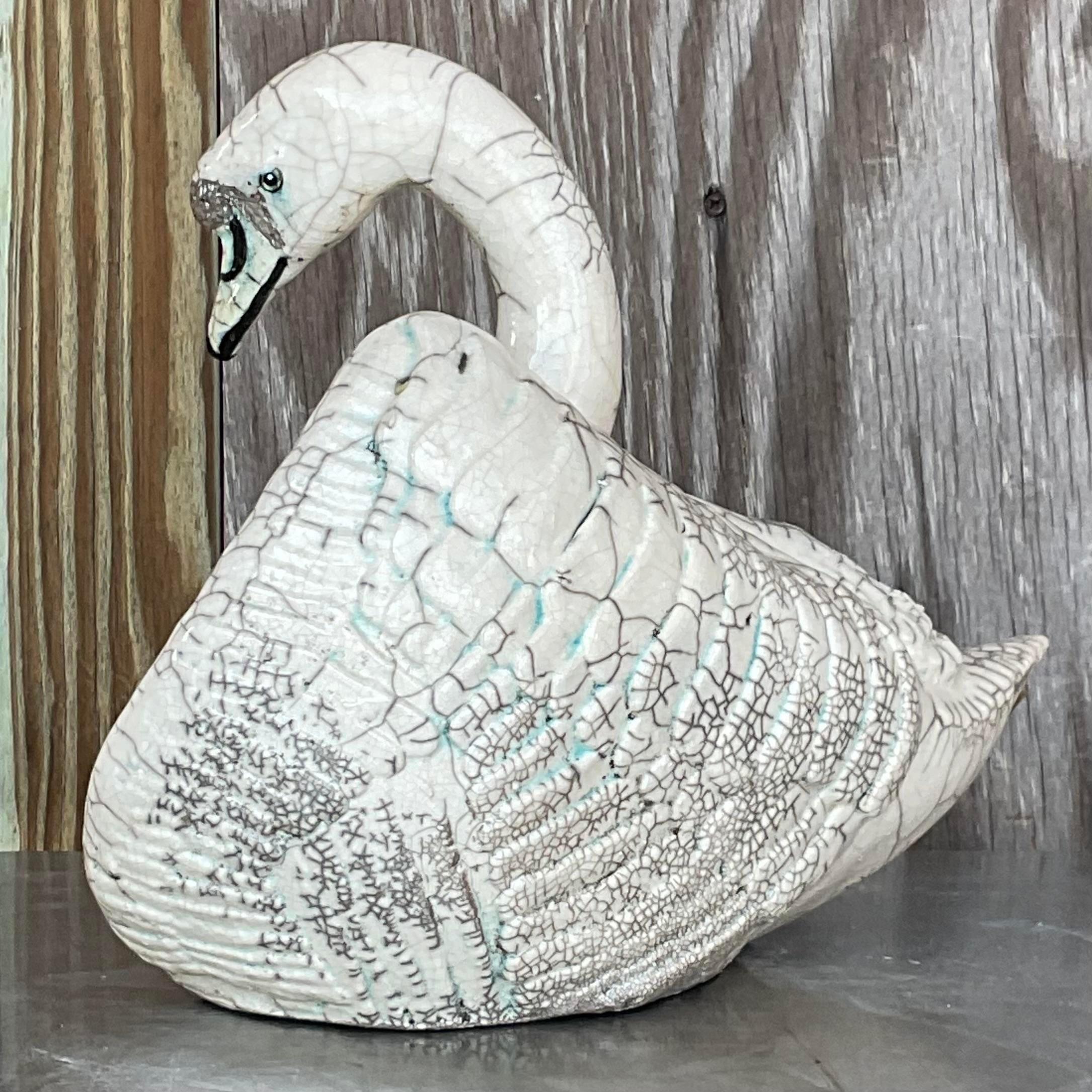 Vintage Boho Crackle Glazed Ceramic Swan en vente 3