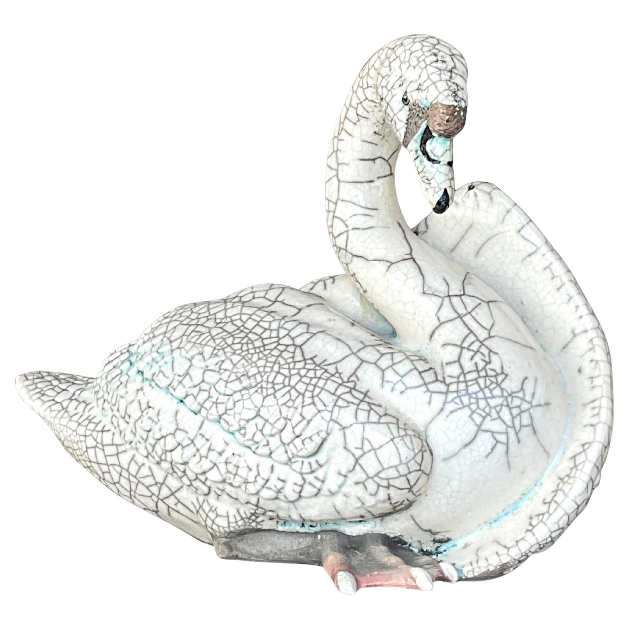 Vintage Boho Crackle Glazed Ceramic Swan