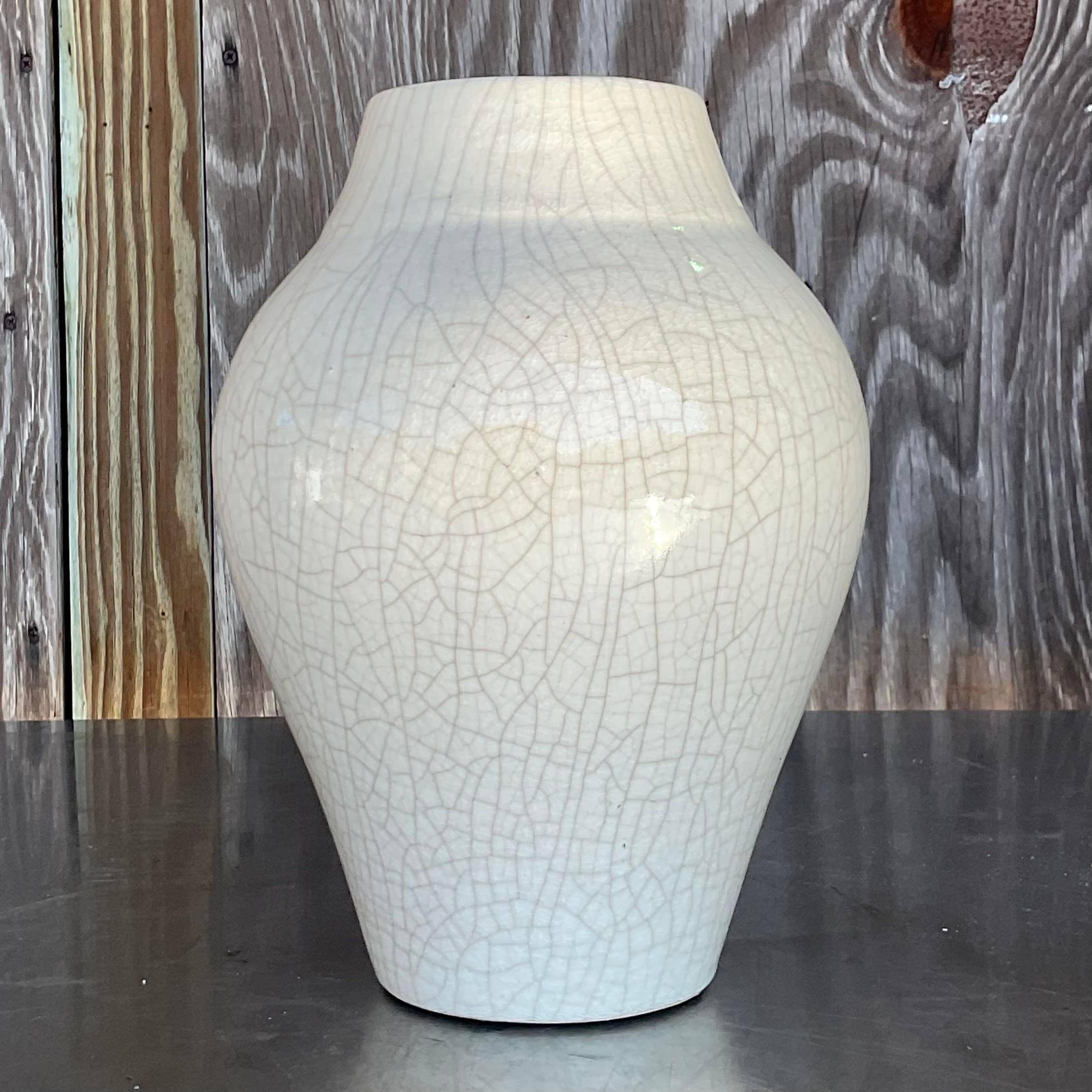 Boho Crackle-Vase aus glasierter Keramik mit Craquelé-Glasur im Zustand „Gut“ im Angebot in West Palm Beach, FL