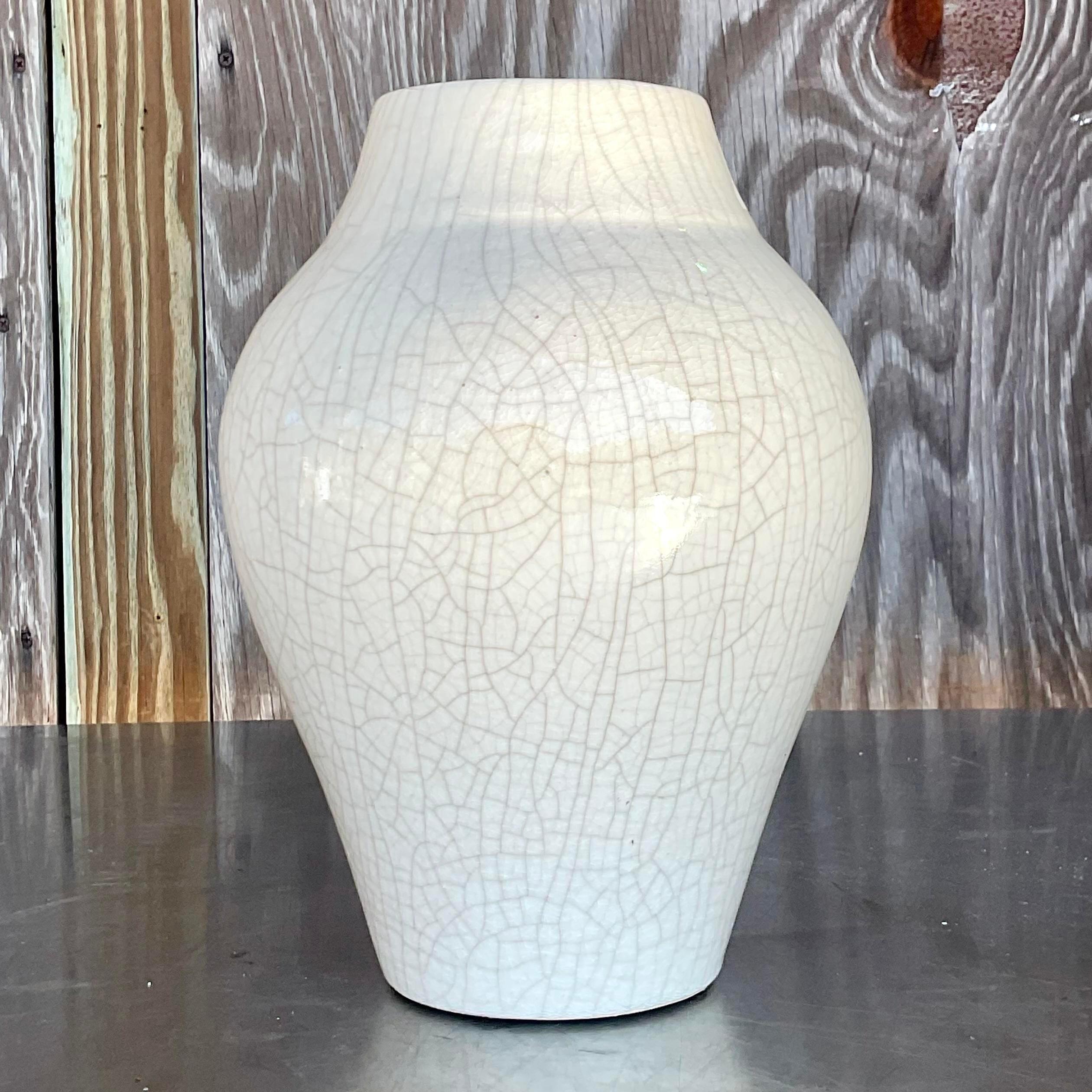 Boho Crackle-Vase aus glasierter Keramik mit Craquelé-Glasur im Angebot 1