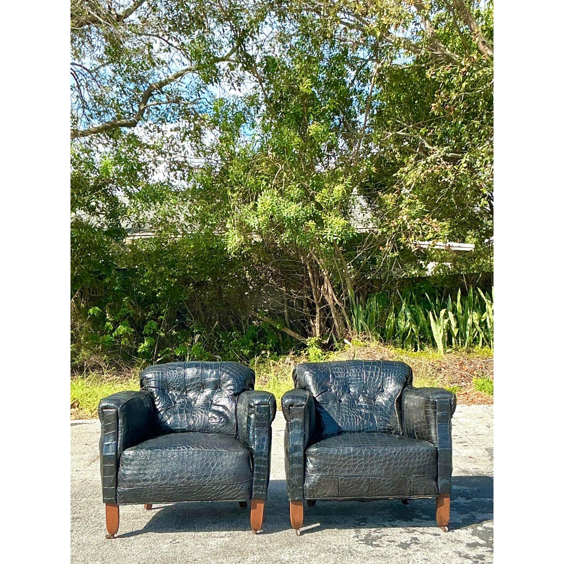 Vintage Boho Crocodile Lounge Chairs - a Pair 5