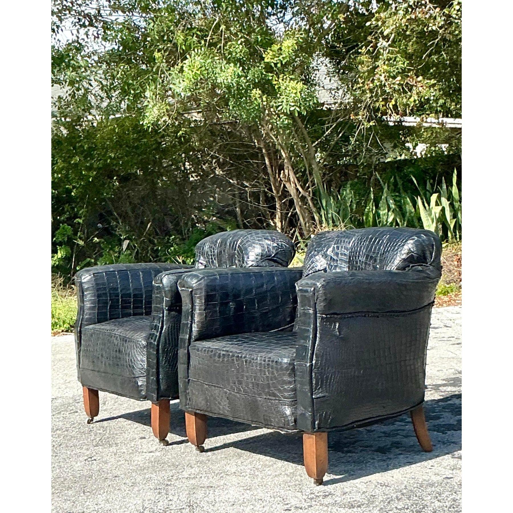 American Vintage Boho Crocodile Lounge Chairs - a Pair