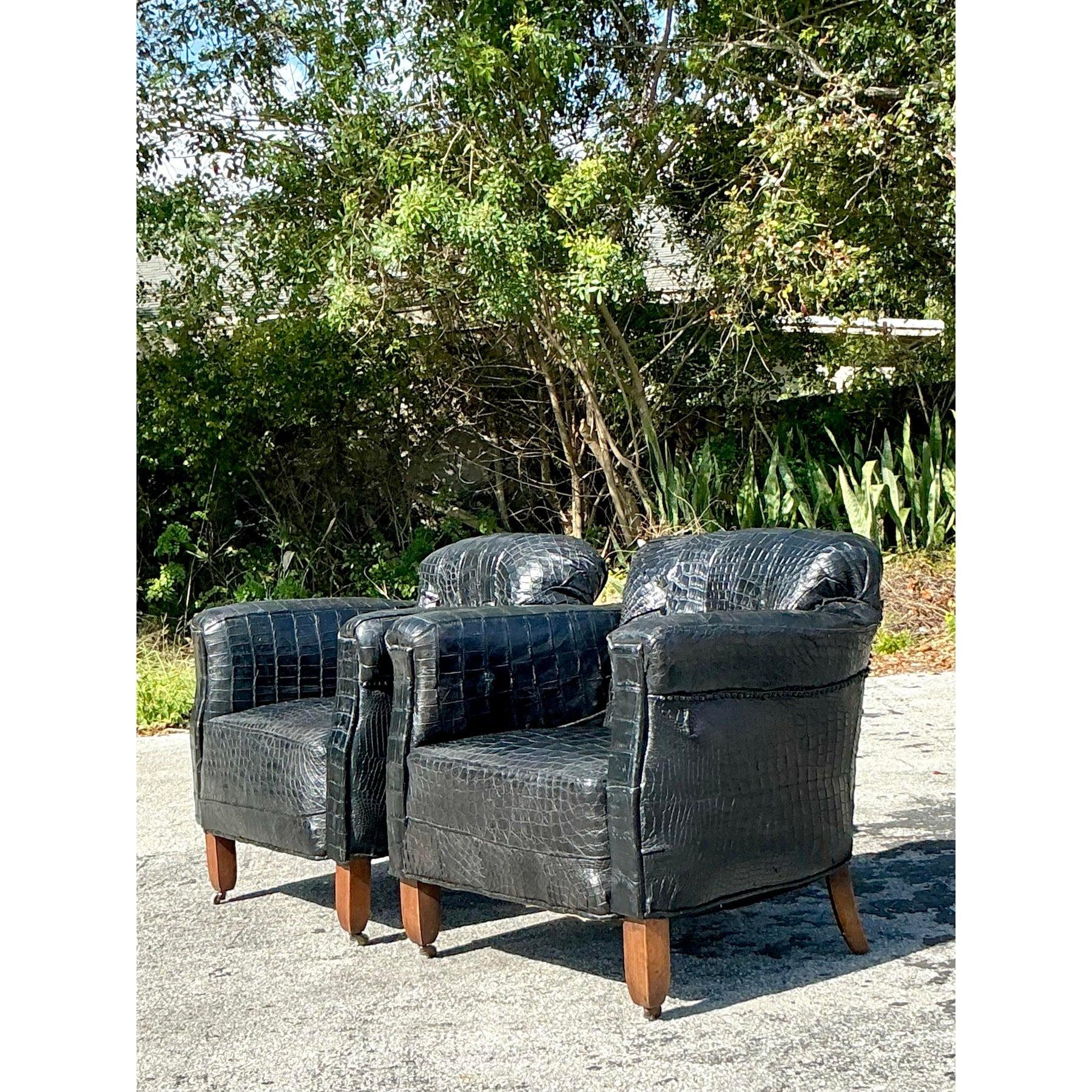 Vintage Boho Crocodile Lounge Chairs - a Pair In Good Condition In West Palm Beach, FL