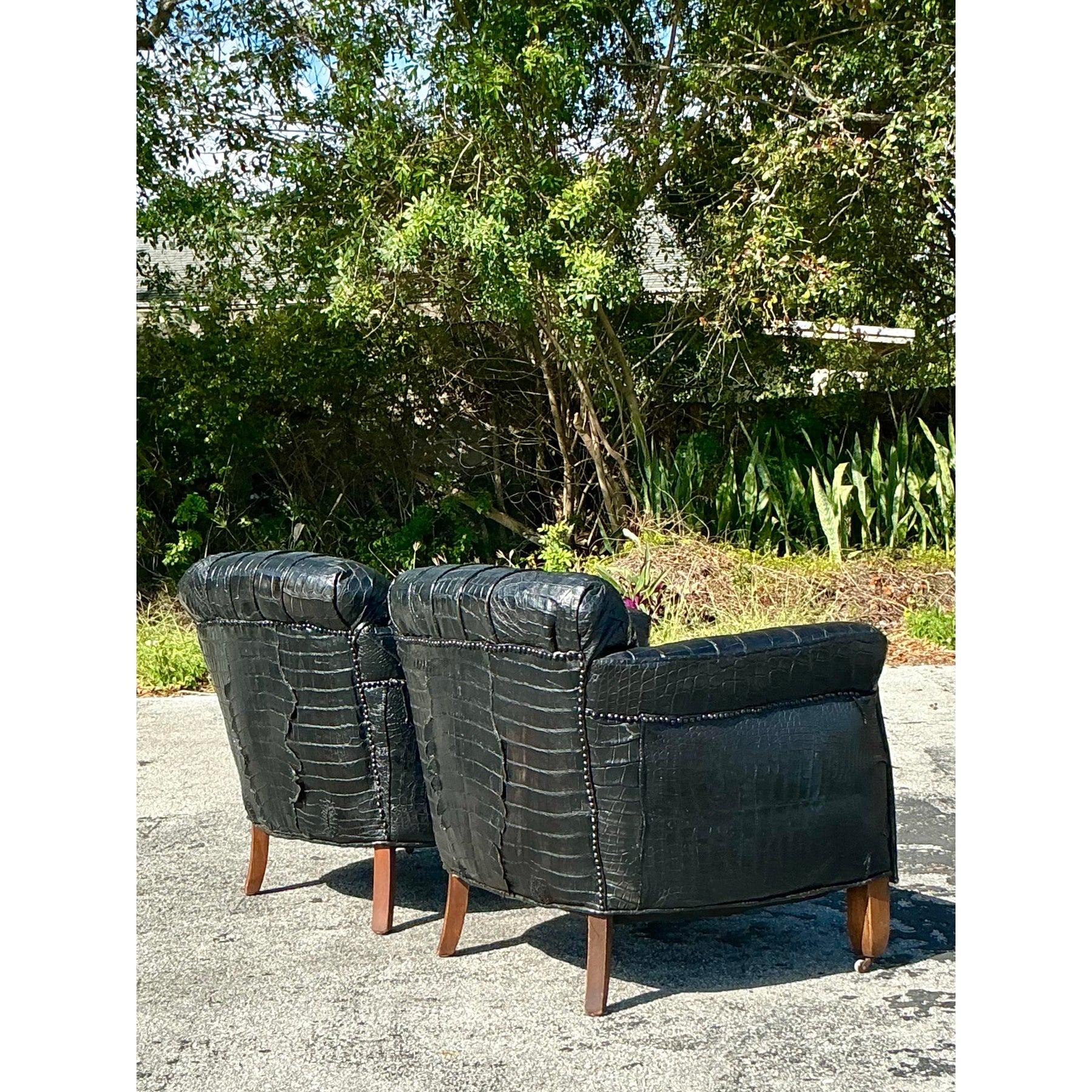 20th Century Vintage Boho Crocodile Lounge Chairs - a Pair