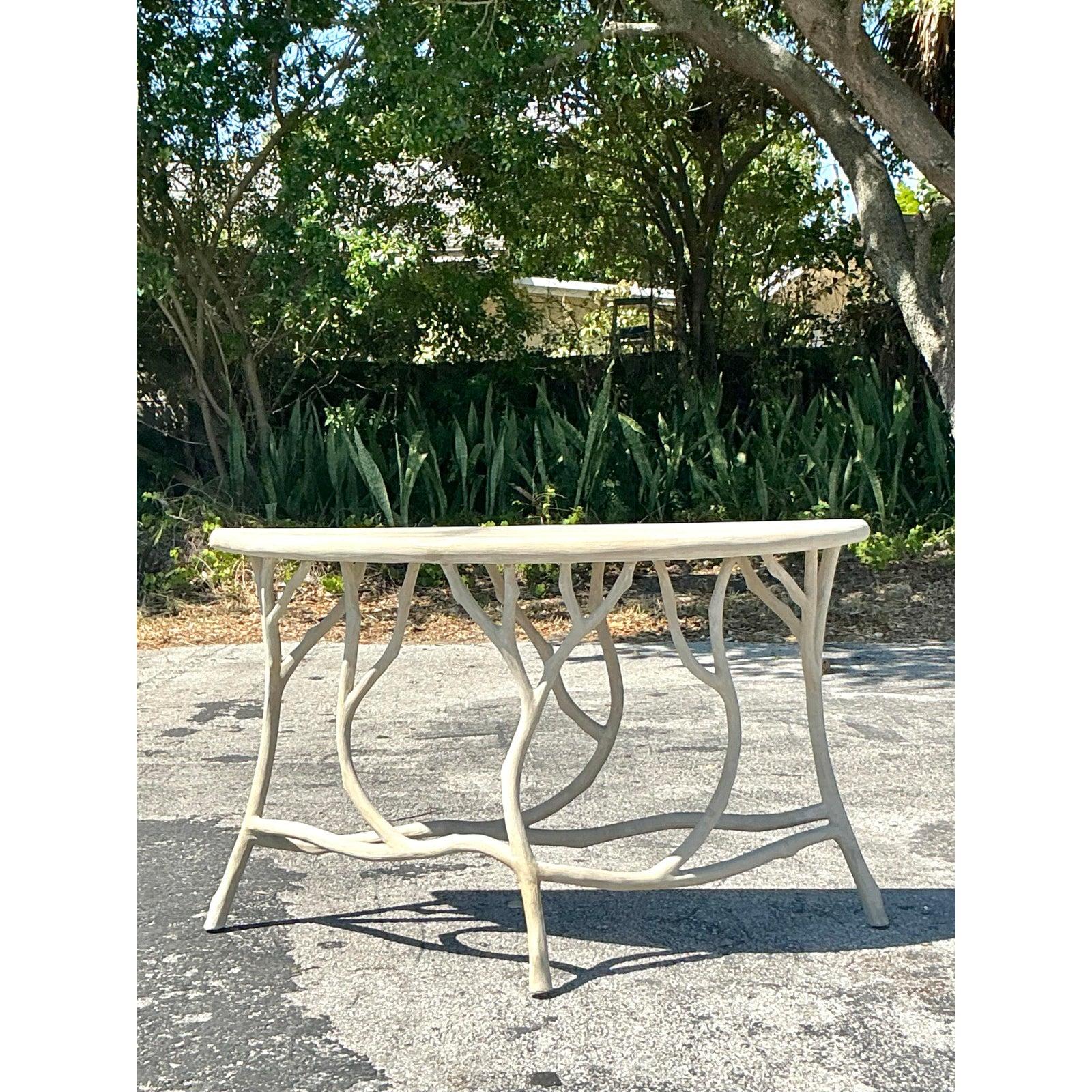 Vintage Boho Currey and Company Faux Bois Cement Console Table For Sale 4